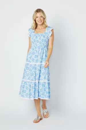 Sail to Sable Flutter Sleeve Smocked Midi Dress - Blue Rose