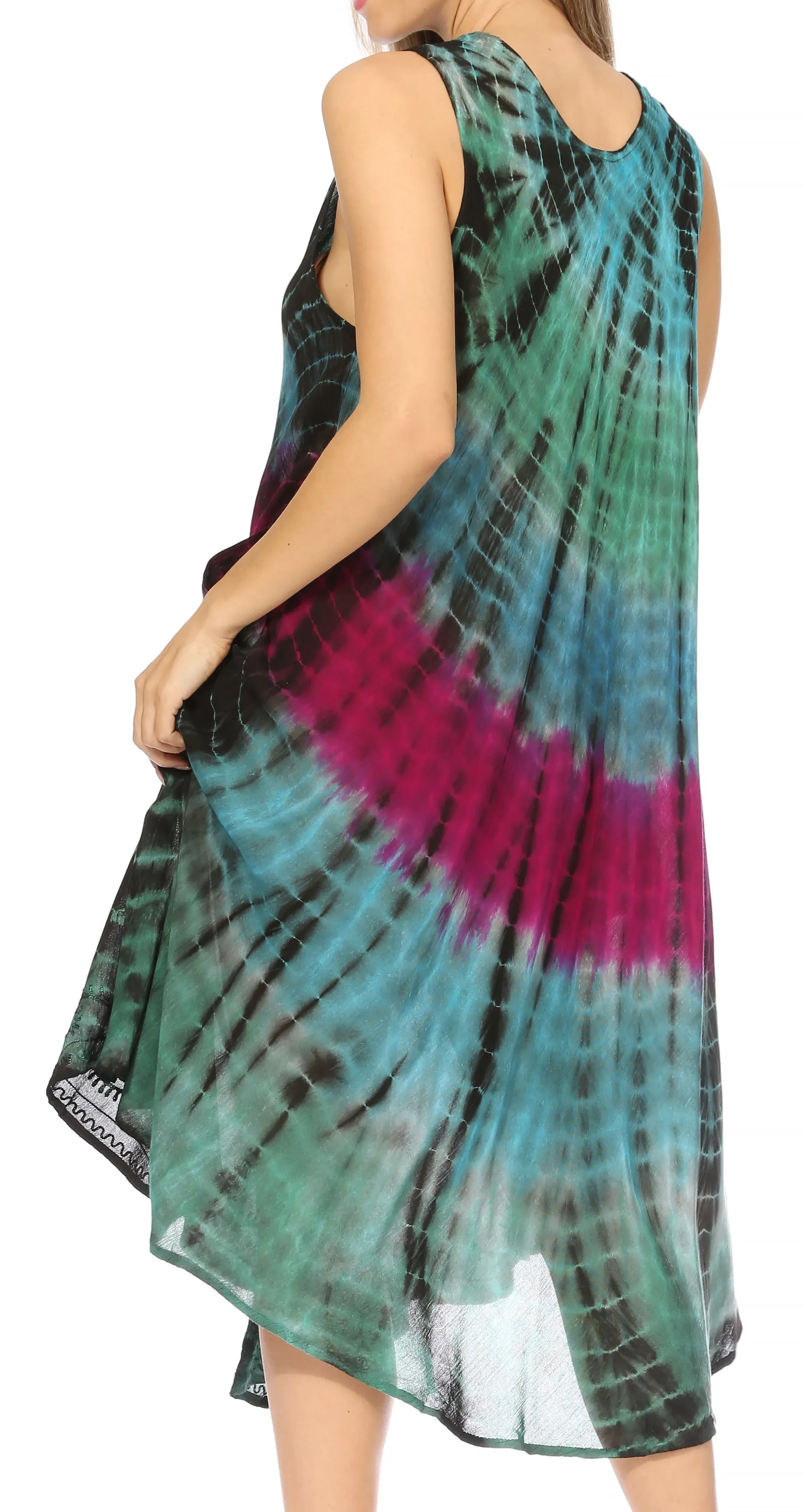 Sakkas Nora Sleeveless Embroidered Short Tie Dye Caftan Dress / Cover Up