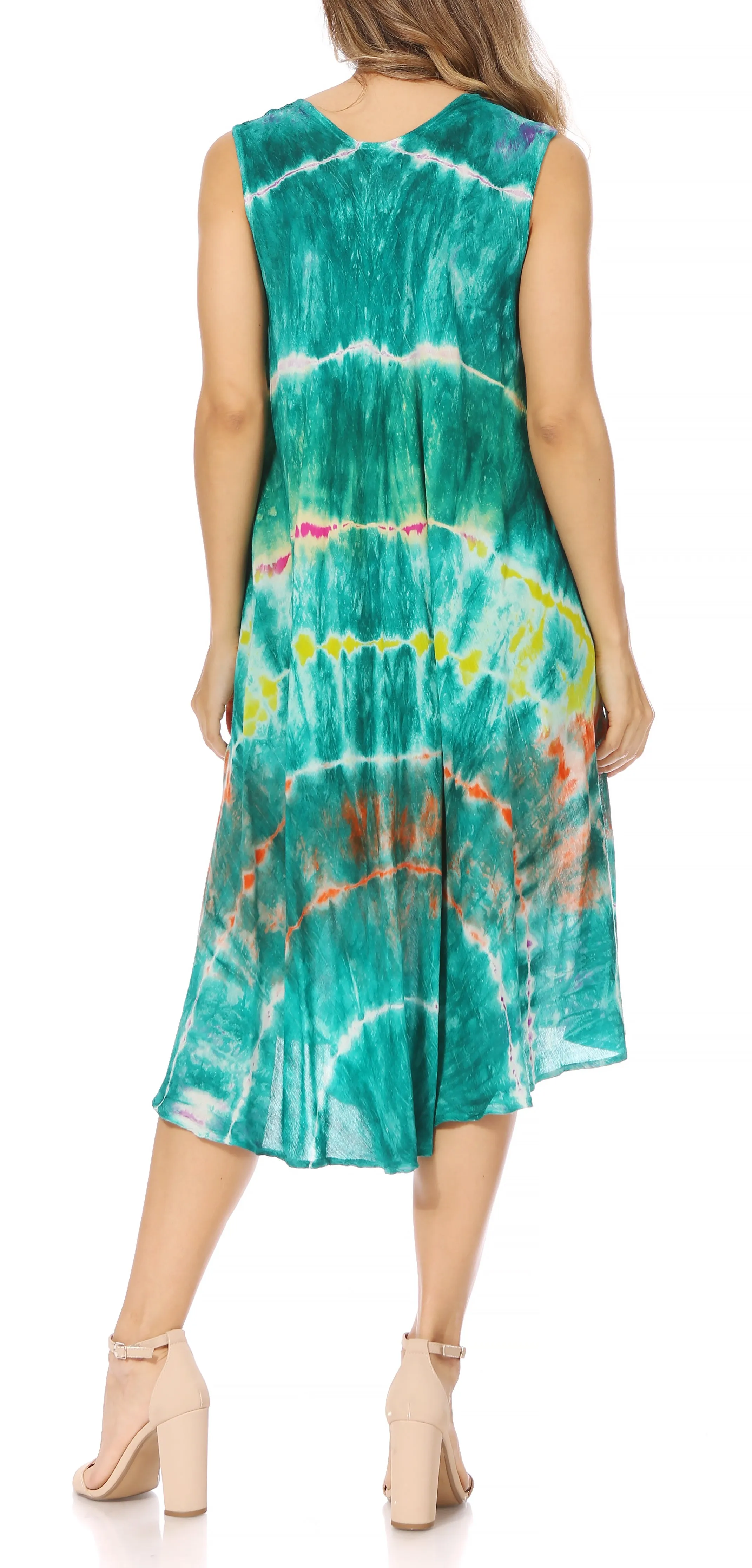 Sakkas Nora Sleeveless Embroidered Short Tie Dye Caftan Dress / Cover Up