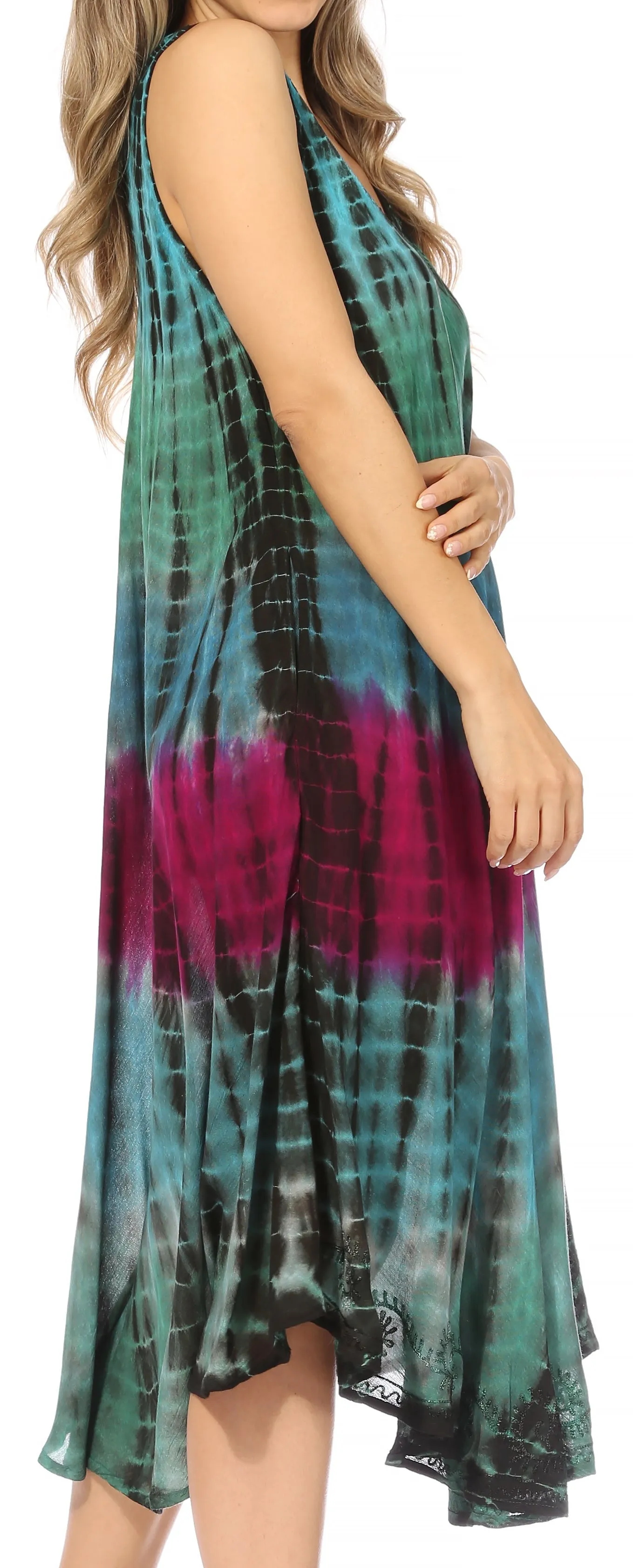 Sakkas Nora Sleeveless Embroidered Short Tie Dye Caftan Dress / Cover Up