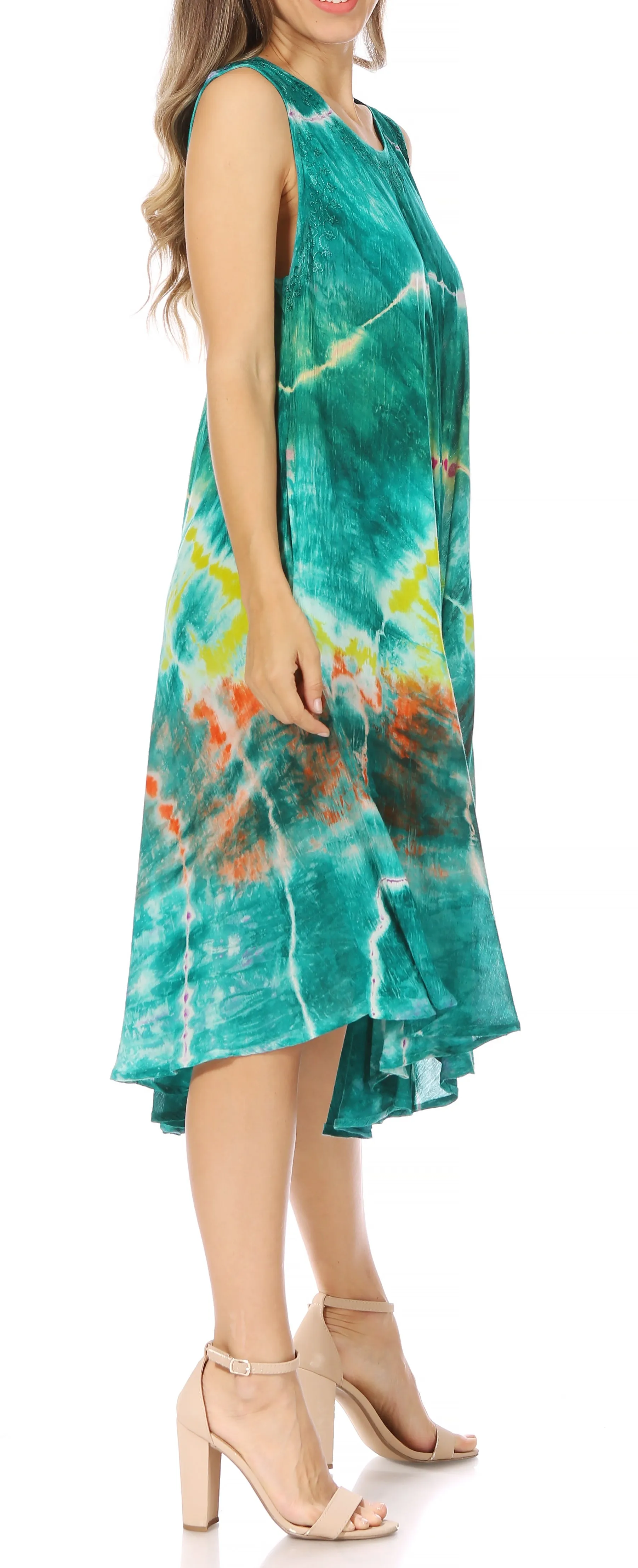 Sakkas Nora Sleeveless Embroidered Short Tie Dye Caftan Dress / Cover Up