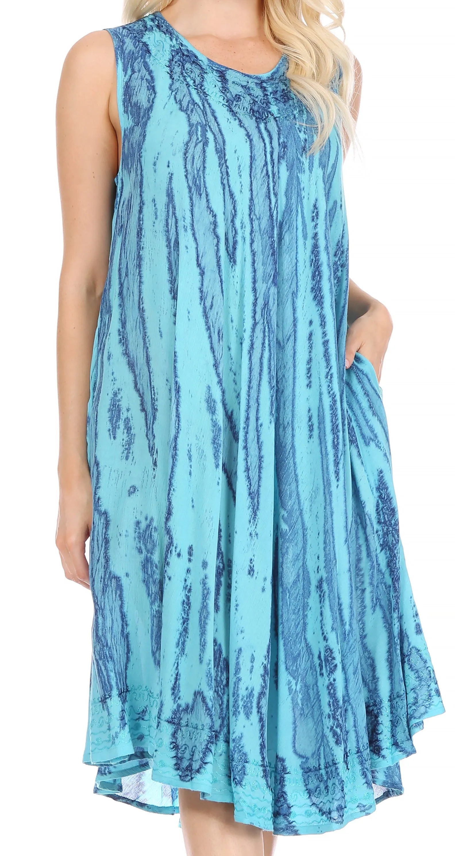 Sakkas Nora Sleeveless Embroidered Short Tie Dye Caftan Dress / Cover Up