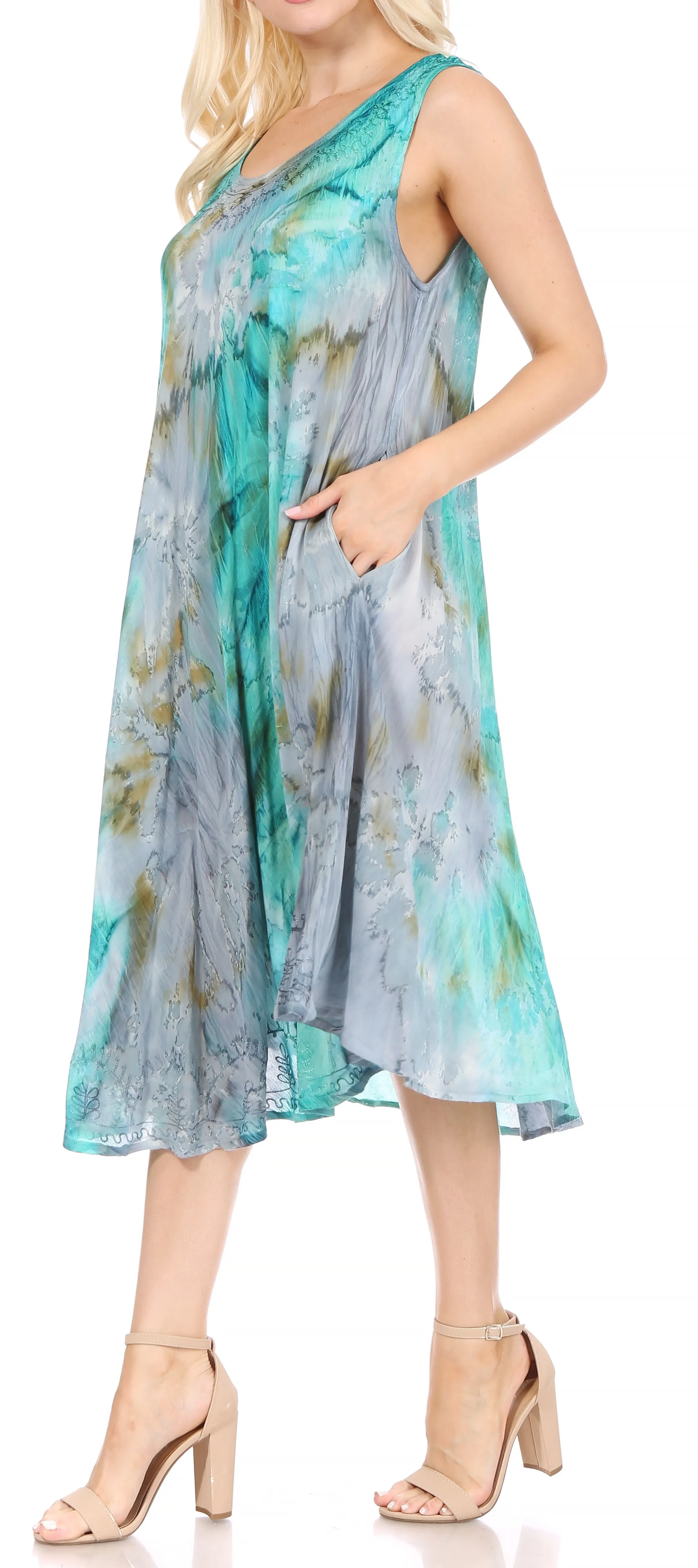 Sakkas Nora Sleeveless Embroidered Short Tie Dye Caftan Dress / Cover Up