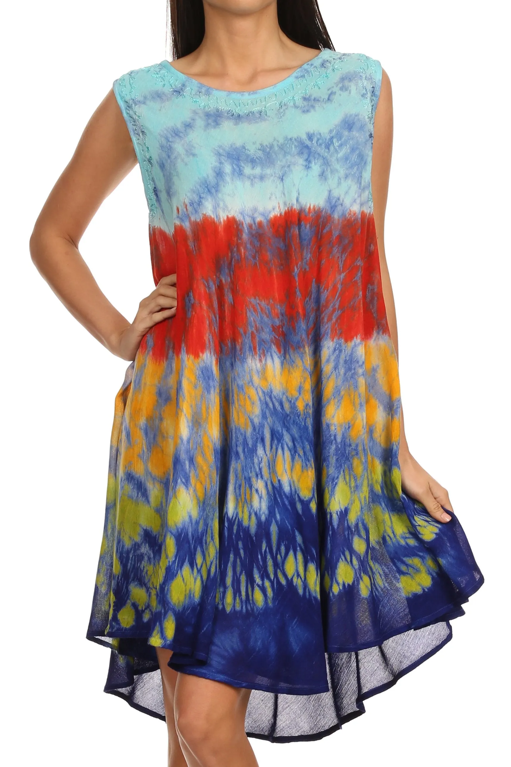 Sakkas Nora Sleeveless Embroidered Short Tie Dye Caftan Dress / Cover Up