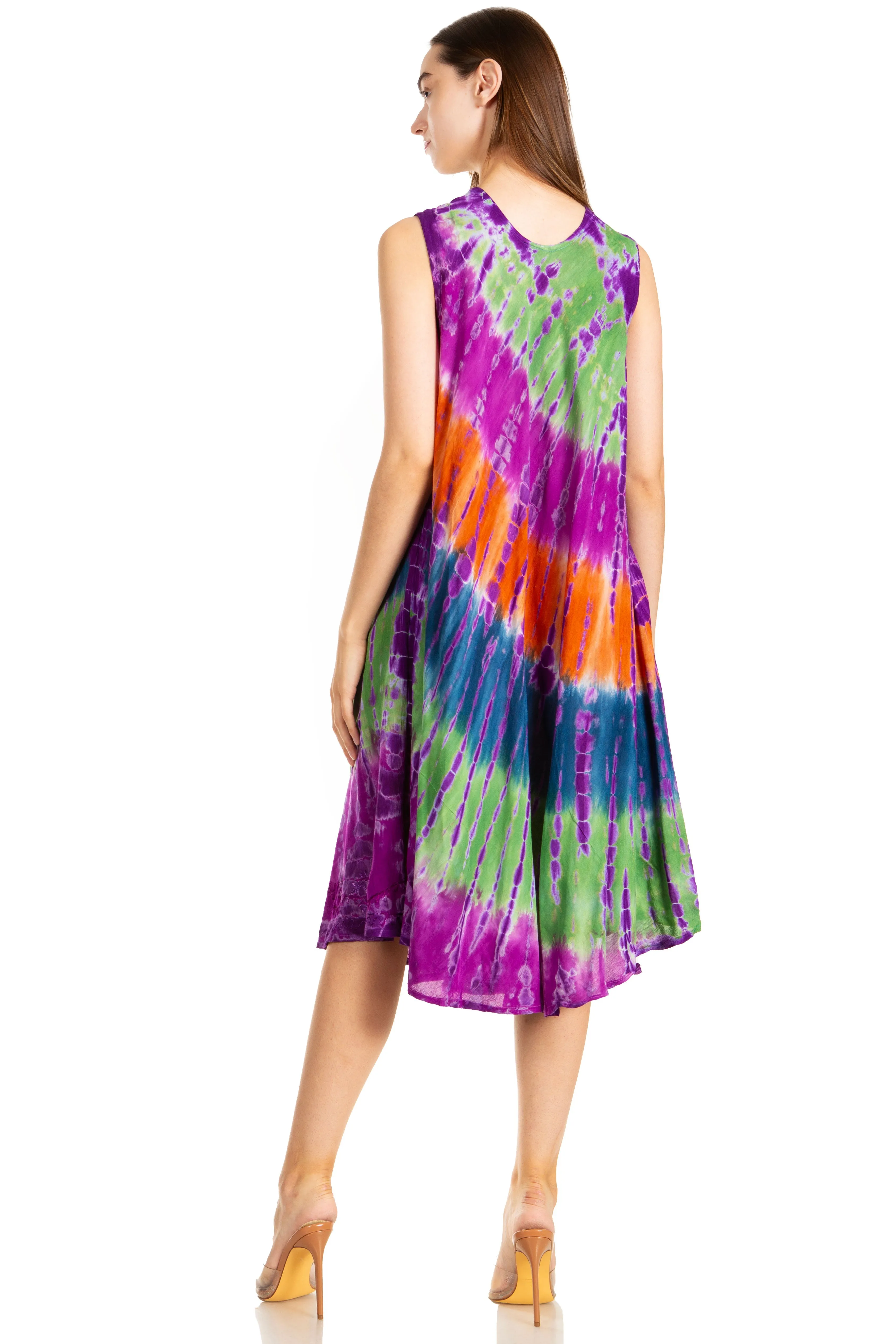 Sakkas Nora Sleeveless Embroidered Short Tie Dye Caftan Dress / Cover Up