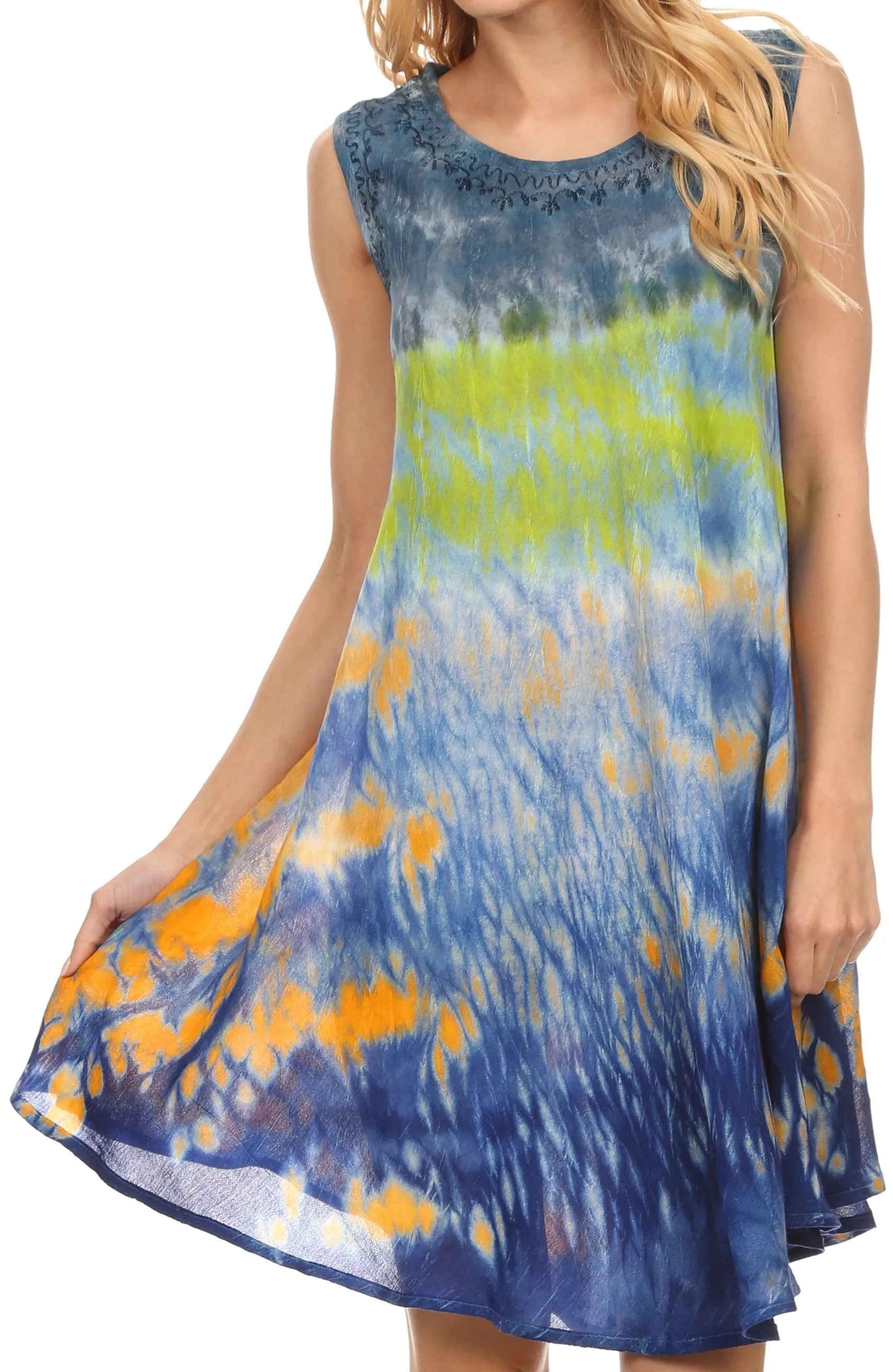 Sakkas Nora Sleeveless Embroidered Short Tie Dye Caftan Dress / Cover Up