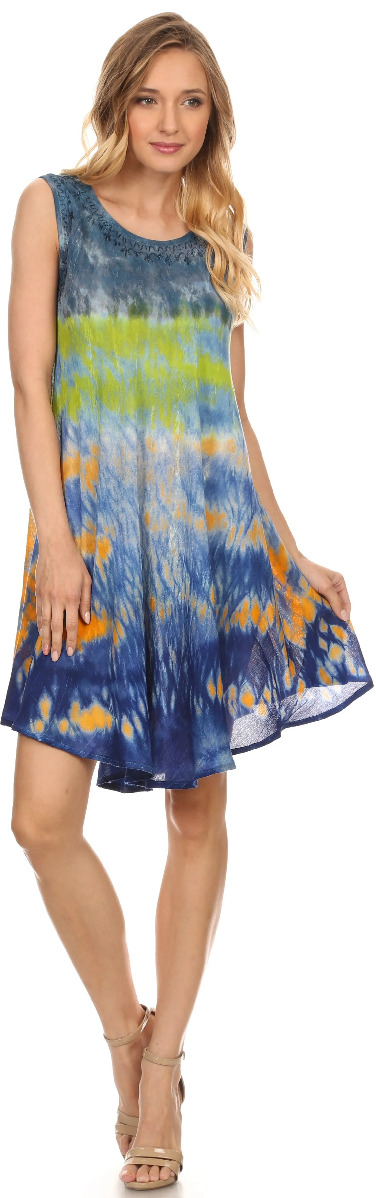 Sakkas Nora Sleeveless Embroidered Short Tie Dye Caftan Dress / Cover Up