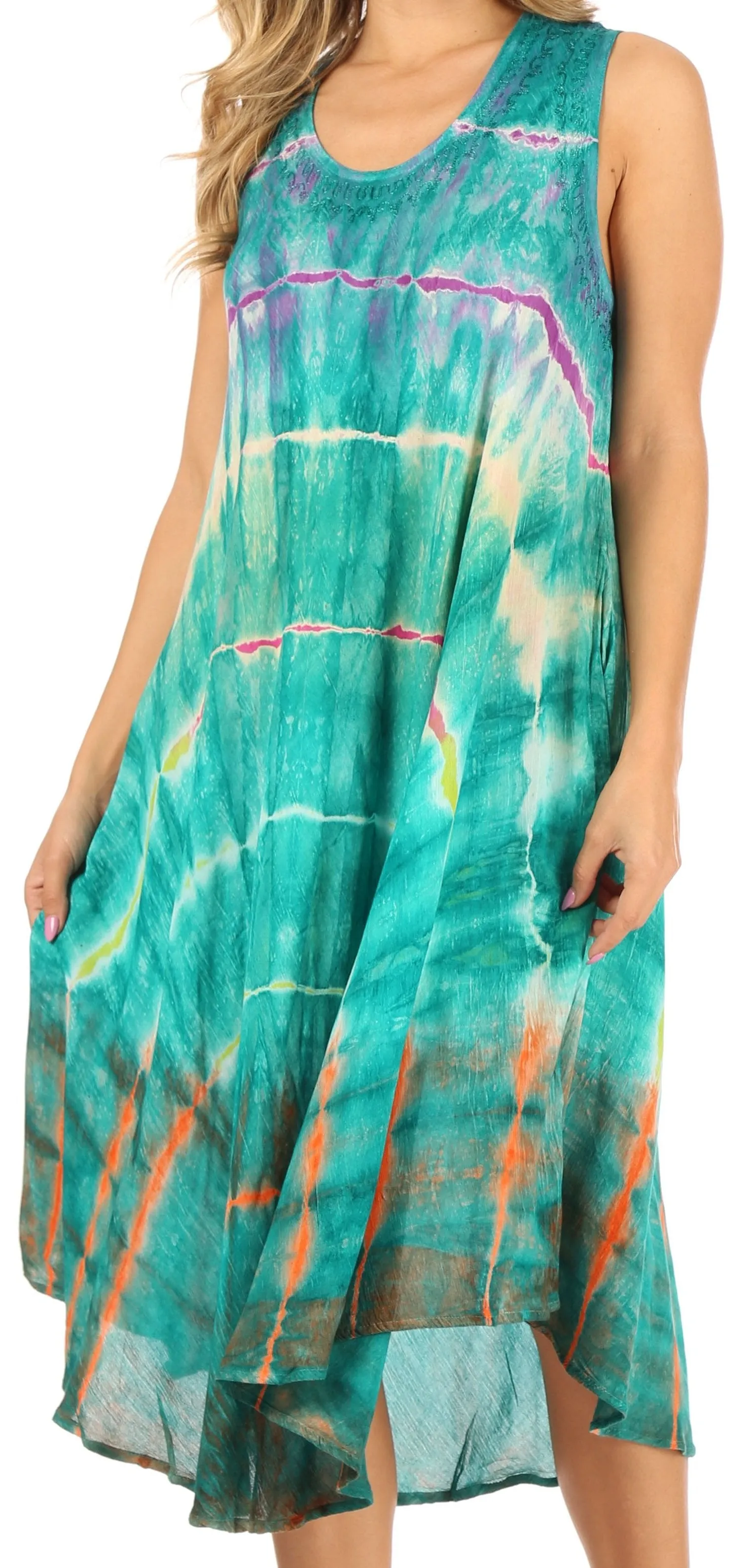 Sakkas Nora Sleeveless Embroidered Short Tie Dye Caftan Dress / Cover Up