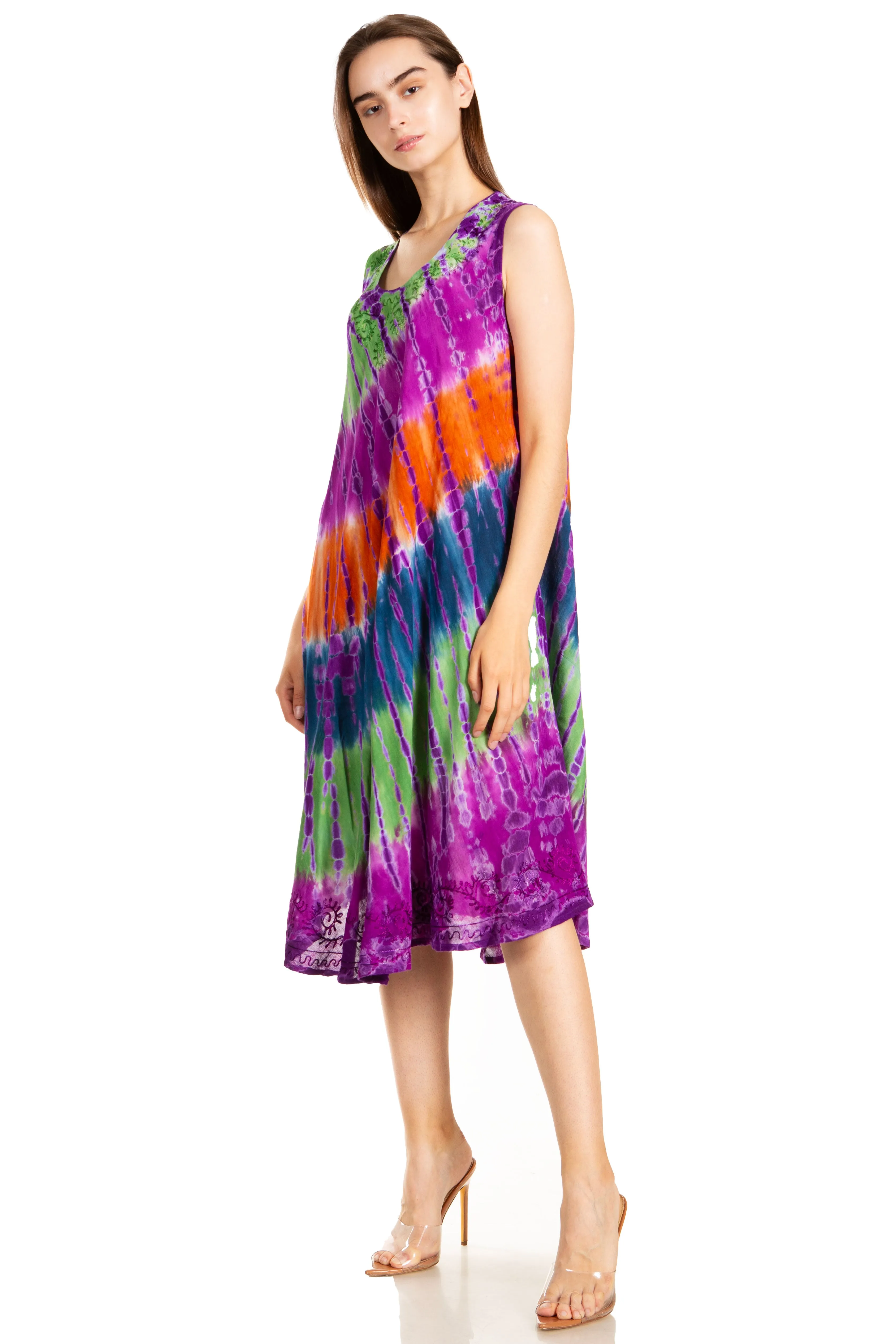 Sakkas Nora Sleeveless Embroidered Short Tie Dye Caftan Dress / Cover Up