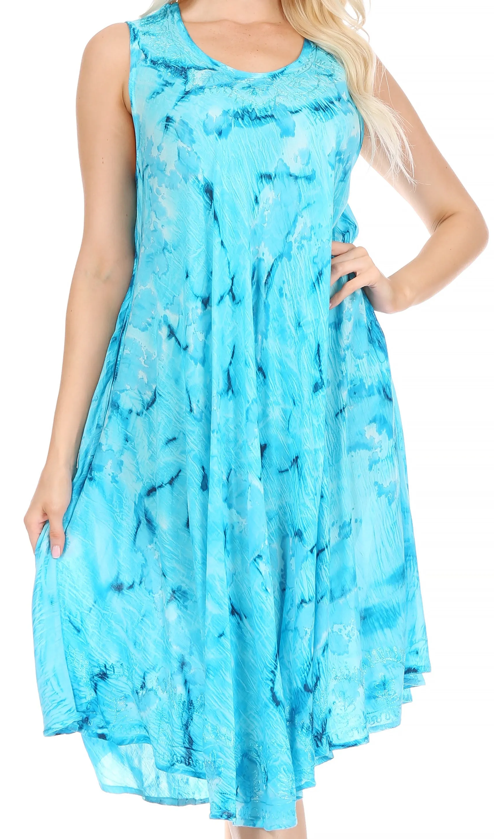 Sakkas Nora Sleeveless Embroidered Short Tie Dye Caftan Dress / Cover Up