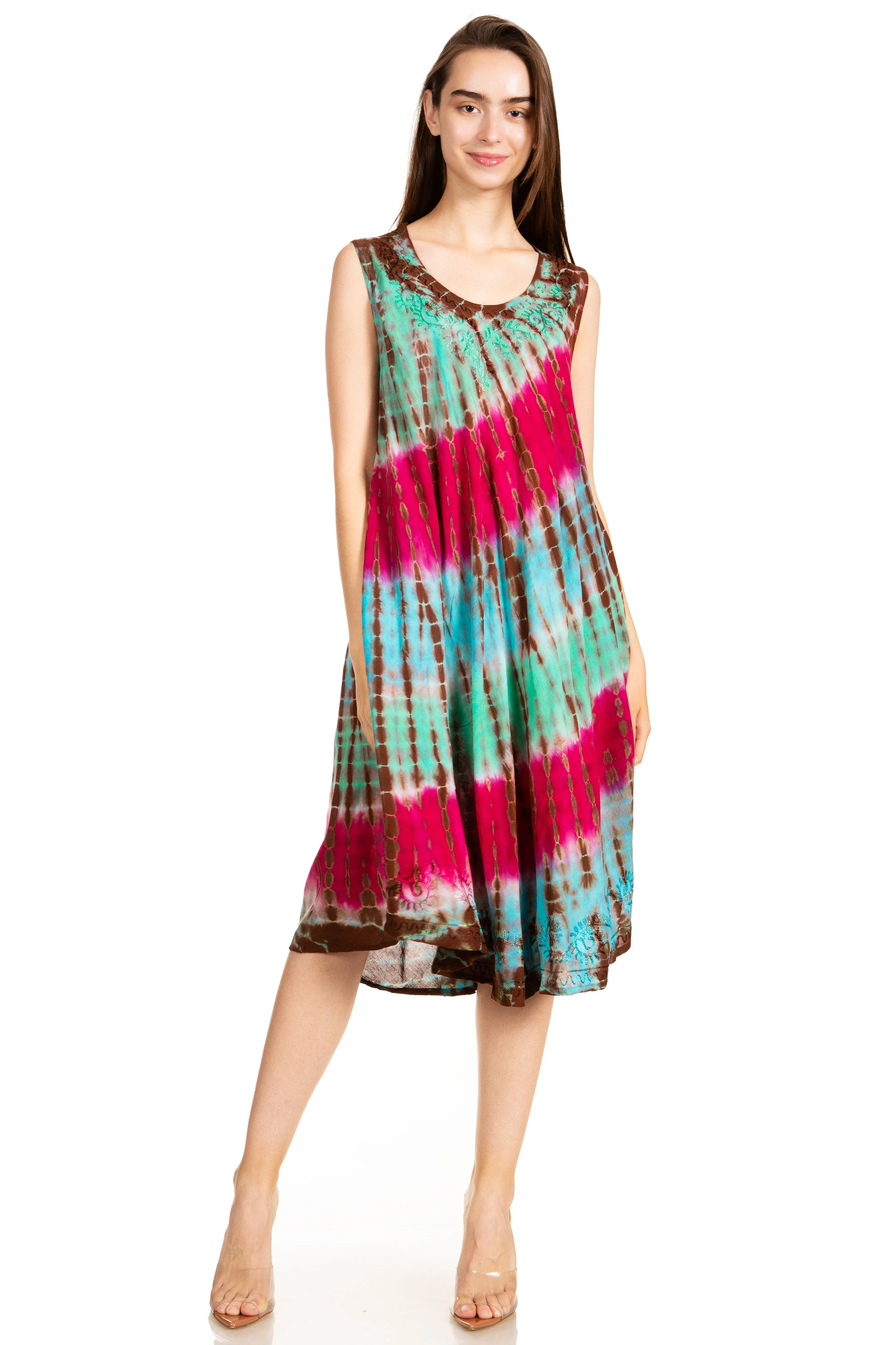 Sakkas Nora Sleeveless Embroidered Short Tie Dye Caftan Dress / Cover Up