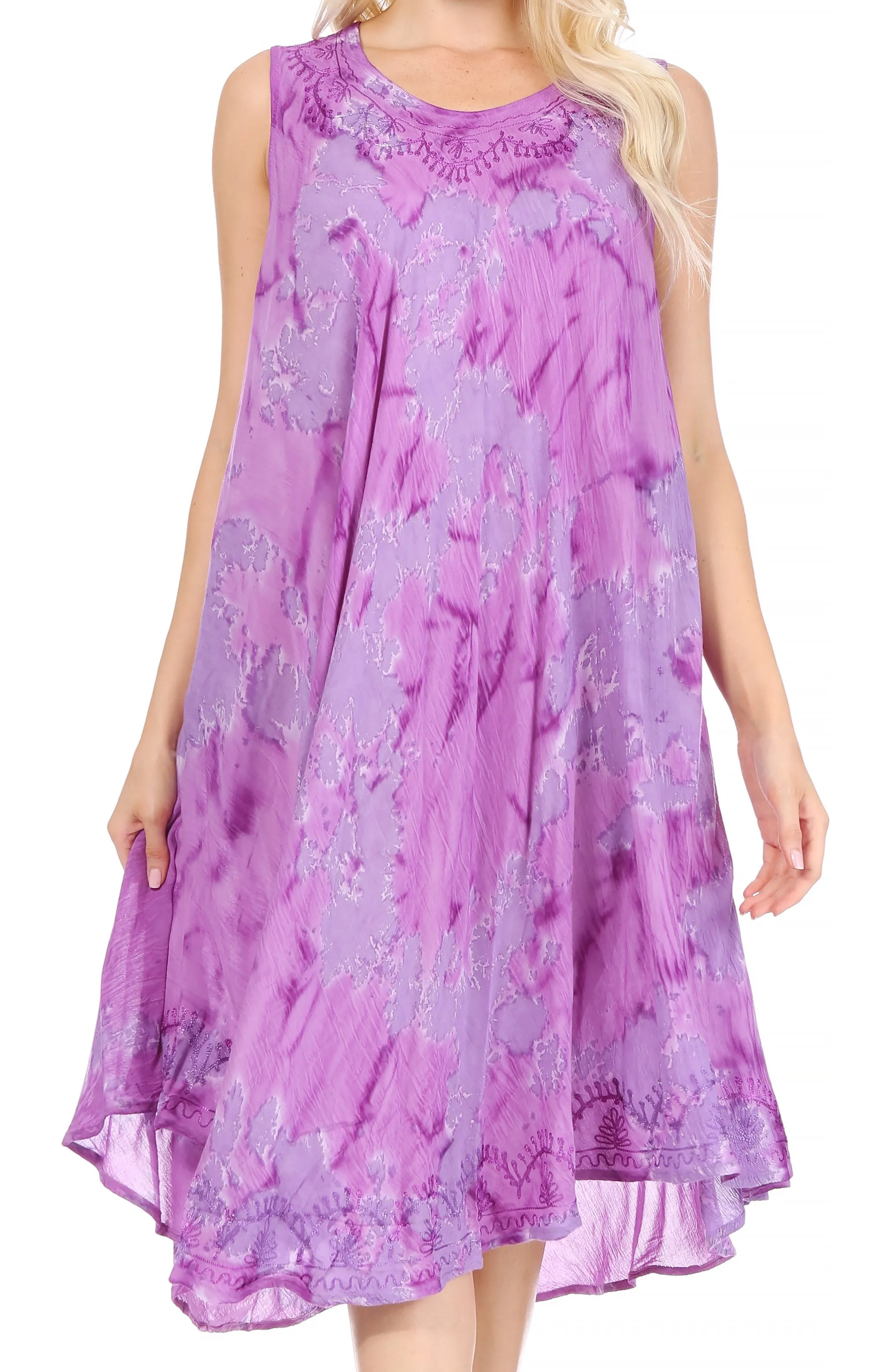 Sakkas Nora Sleeveless Embroidered Short Tie Dye Caftan Dress / Cover Up