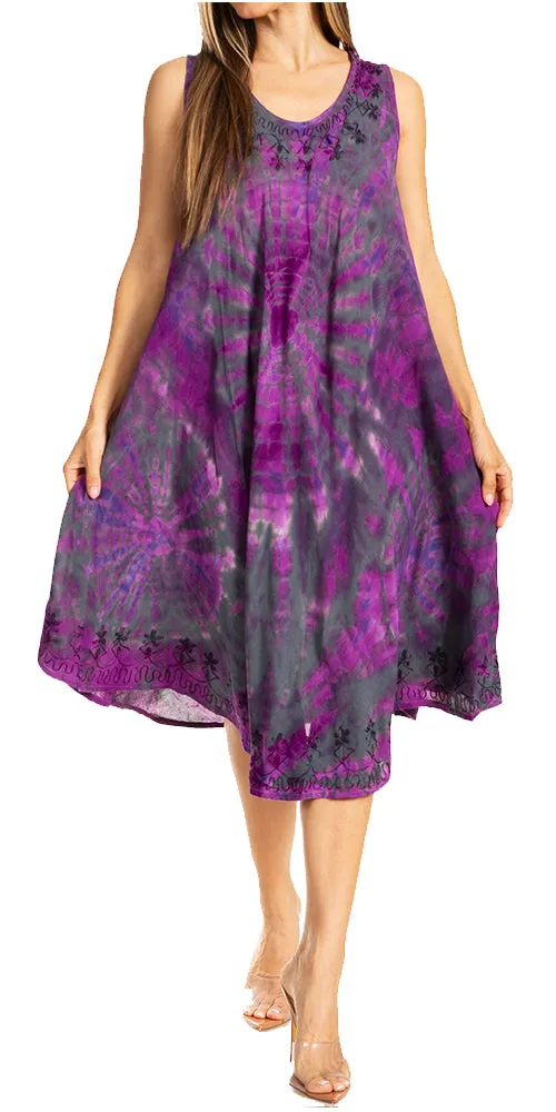 Sakkas Nora Sleeveless Embroidered Short Tie Dye Caftan Dress / Cover Up