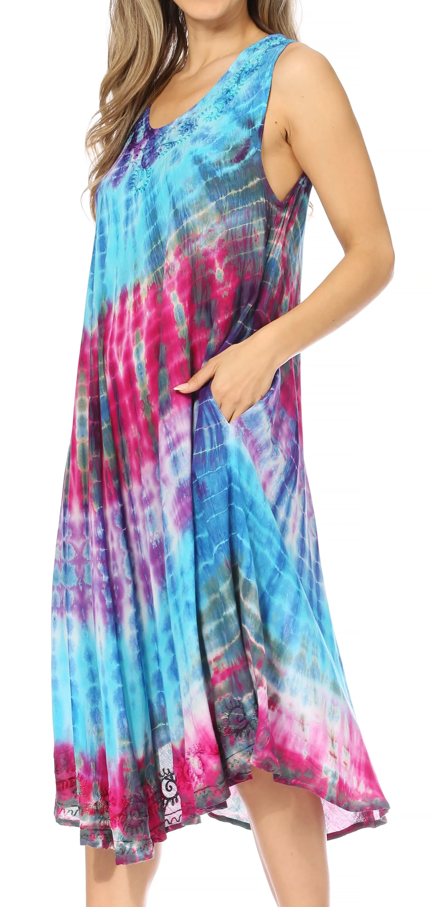 Sakkas Nora Sleeveless Embroidered Short Tie Dye Caftan Dress / Cover Up