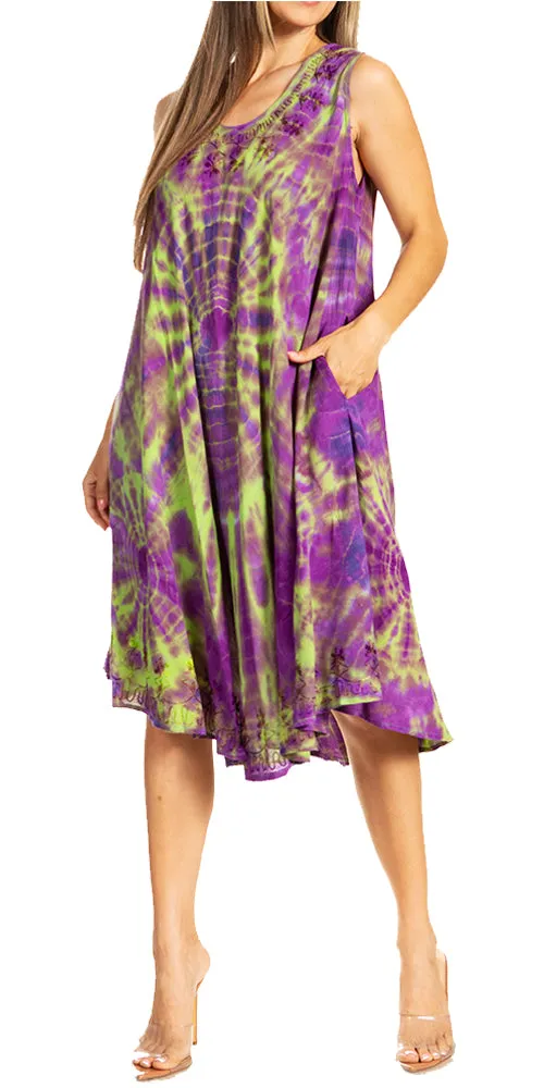 Sakkas Nora Sleeveless Embroidered Short Tie Dye Caftan Dress / Cover Up