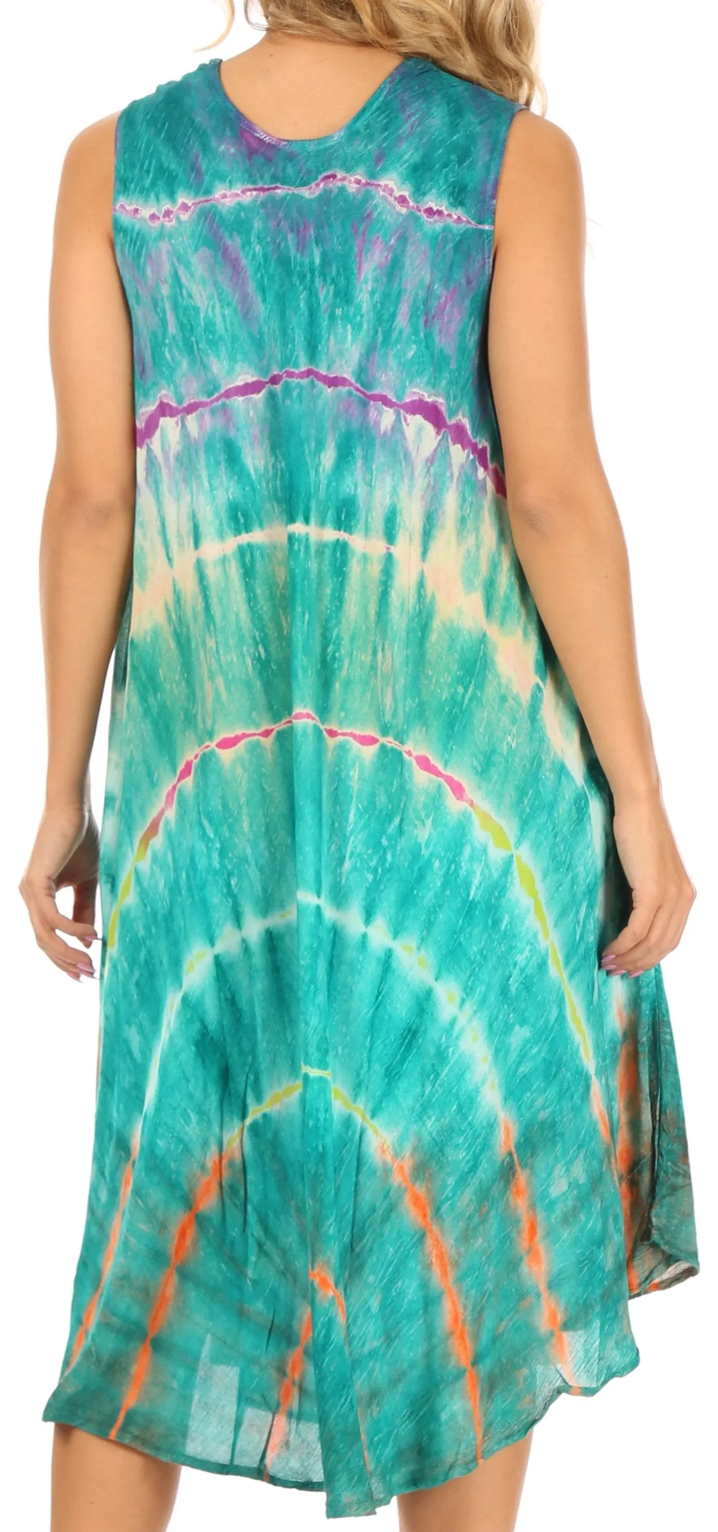 Sakkas Nora Sleeveless Embroidered Short Tie Dye Caftan Dress / Cover Up