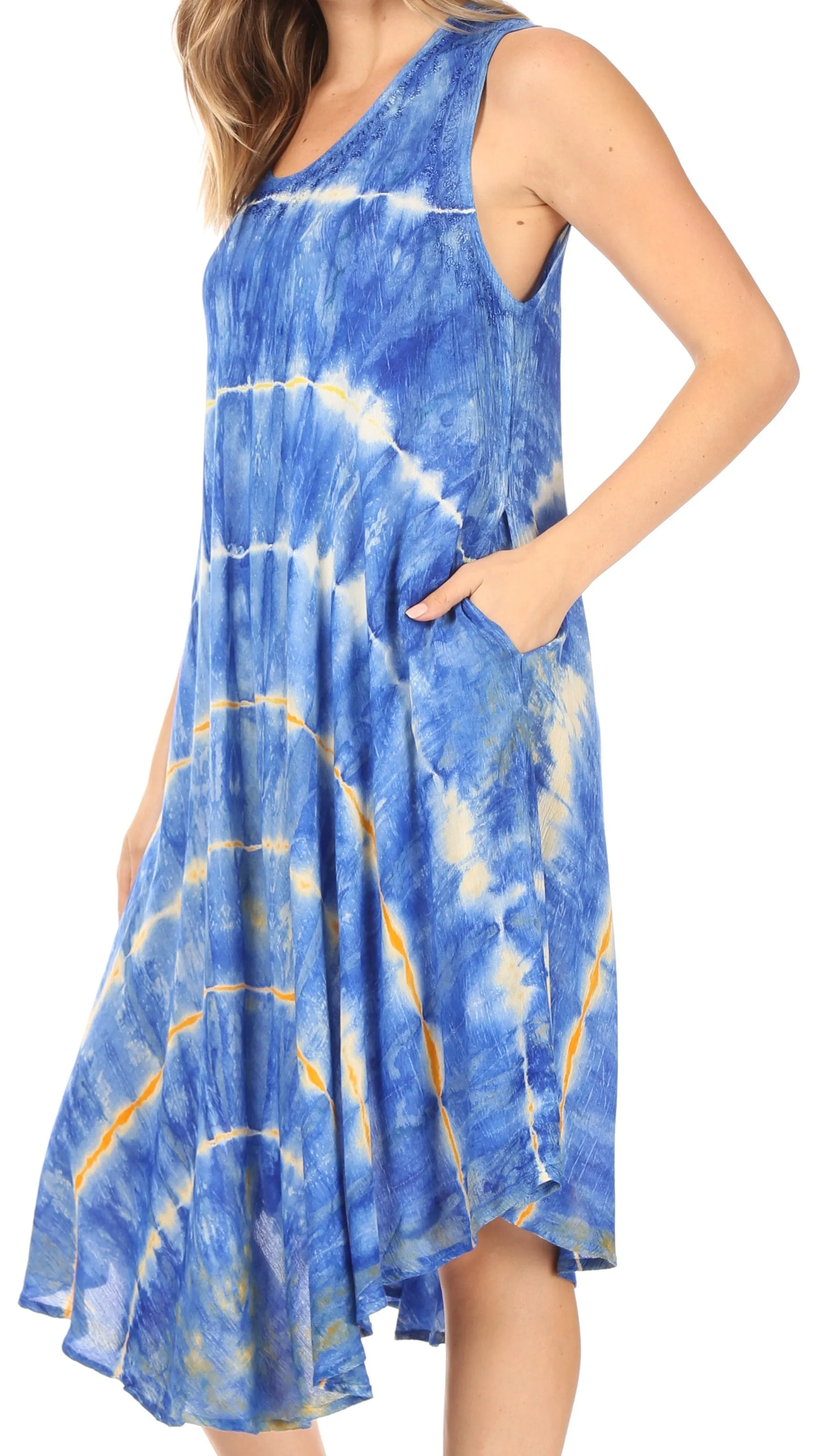 Sakkas Nora Sleeveless Embroidered Short Tie Dye Caftan Dress / Cover Up