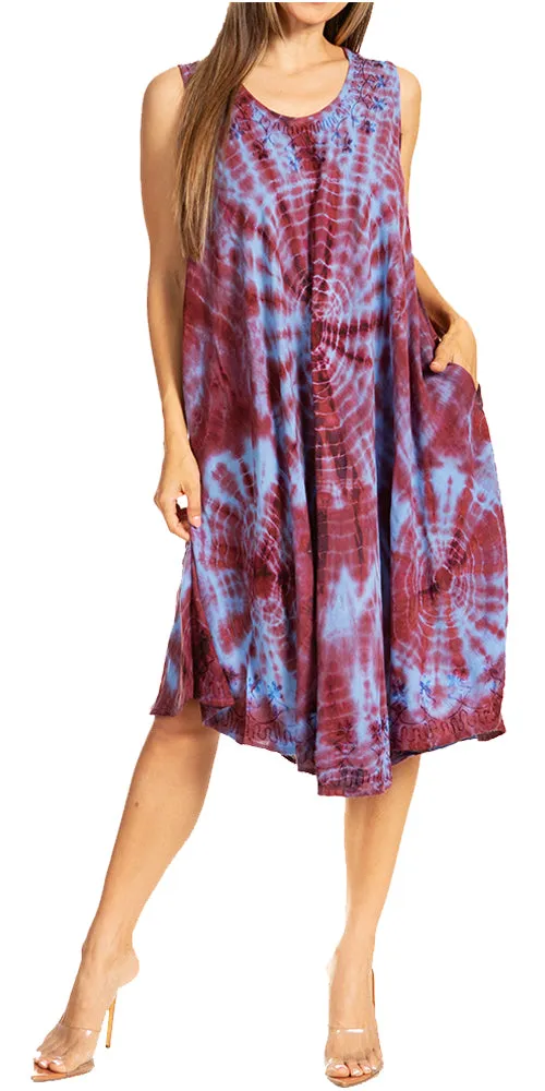 Sakkas Nora Sleeveless Embroidered Short Tie Dye Caftan Dress / Cover Up