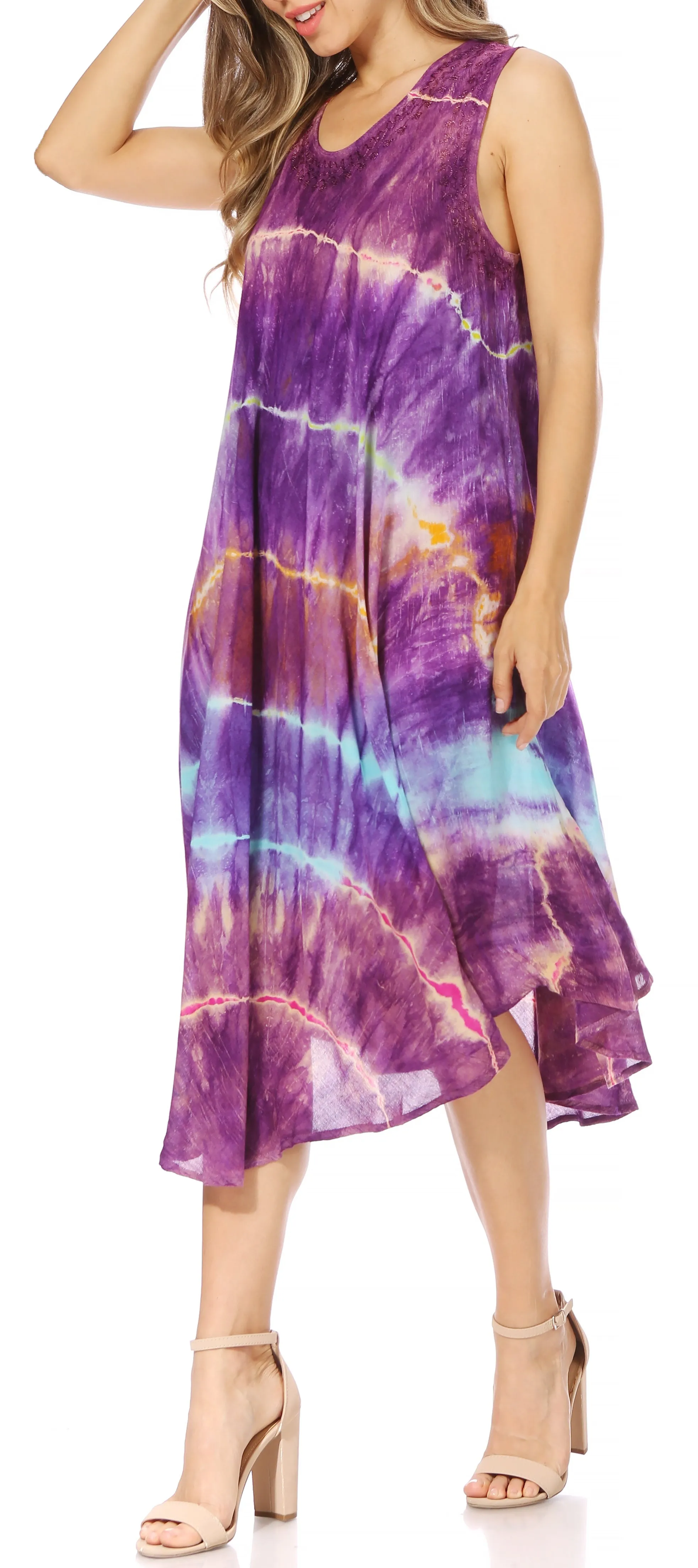 Sakkas Nora Sleeveless Embroidered Short Tie Dye Caftan Dress / Cover Up