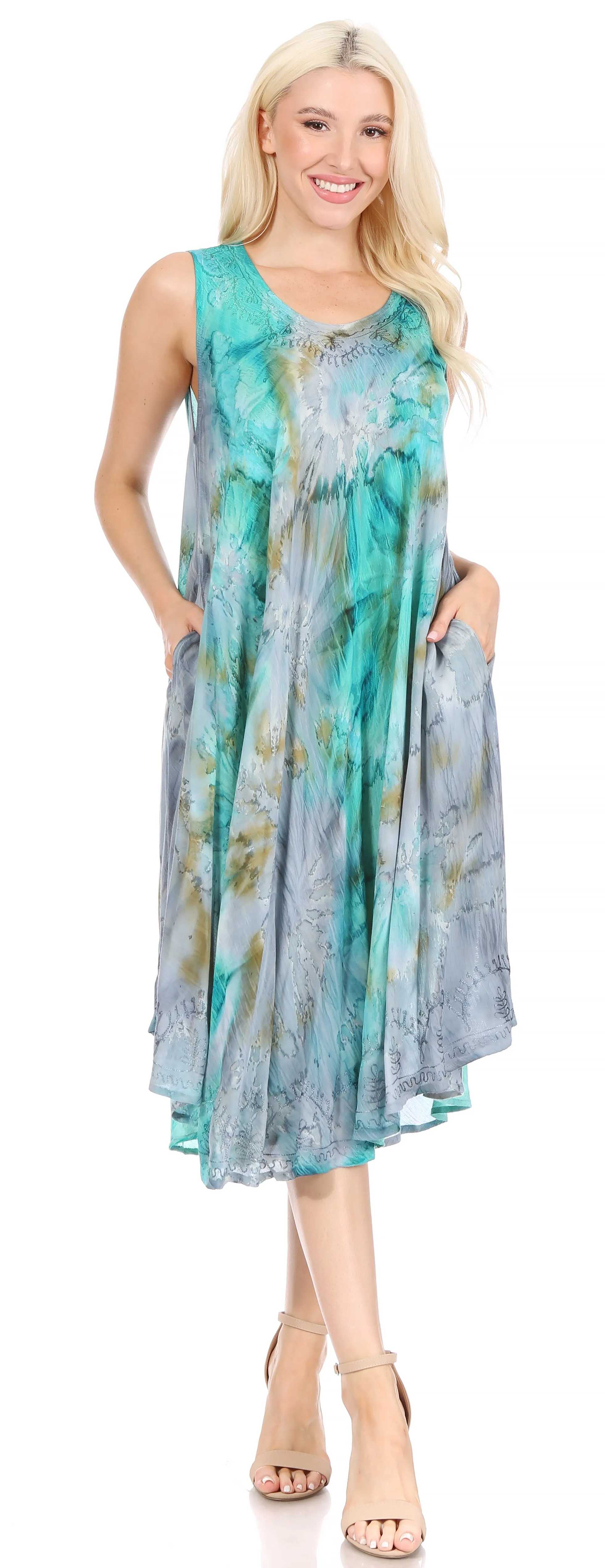 Sakkas Nora Sleeveless Embroidered Short Tie Dye Caftan Dress / Cover Up