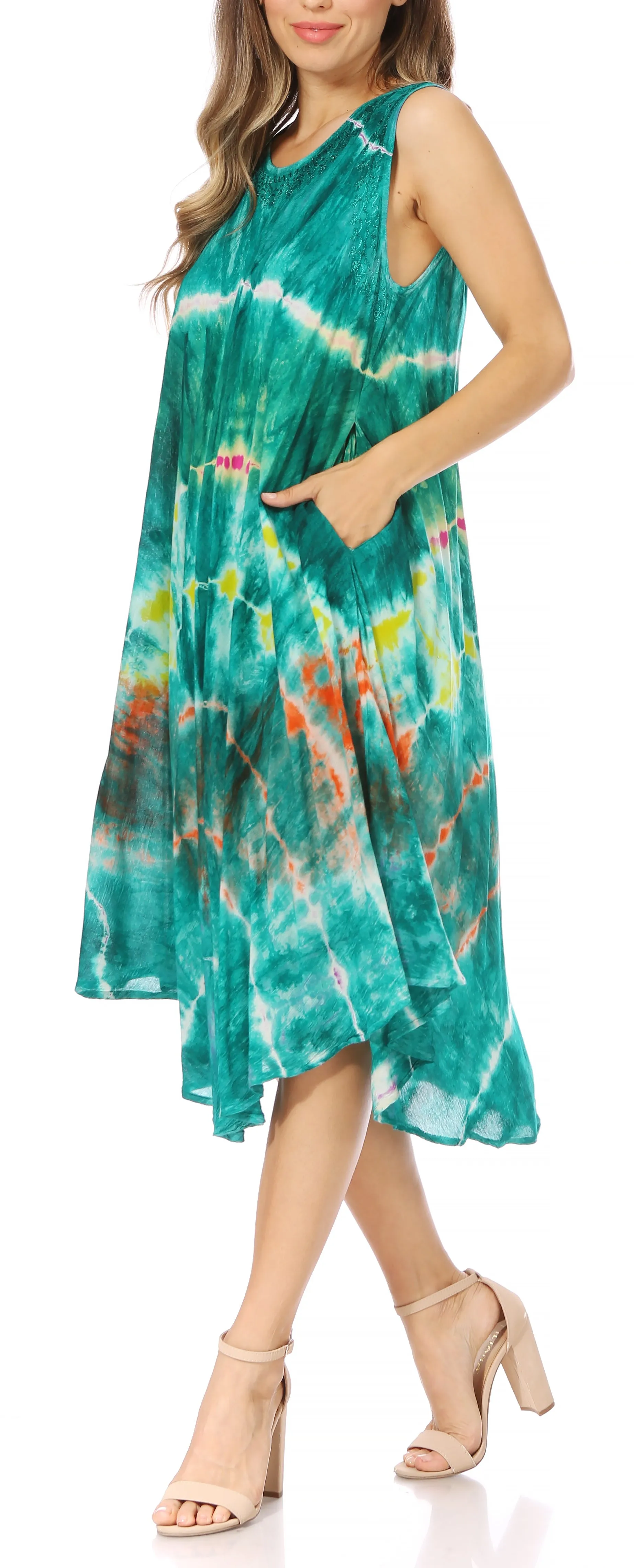 Sakkas Nora Sleeveless Embroidered Short Tie Dye Caftan Dress / Cover Up