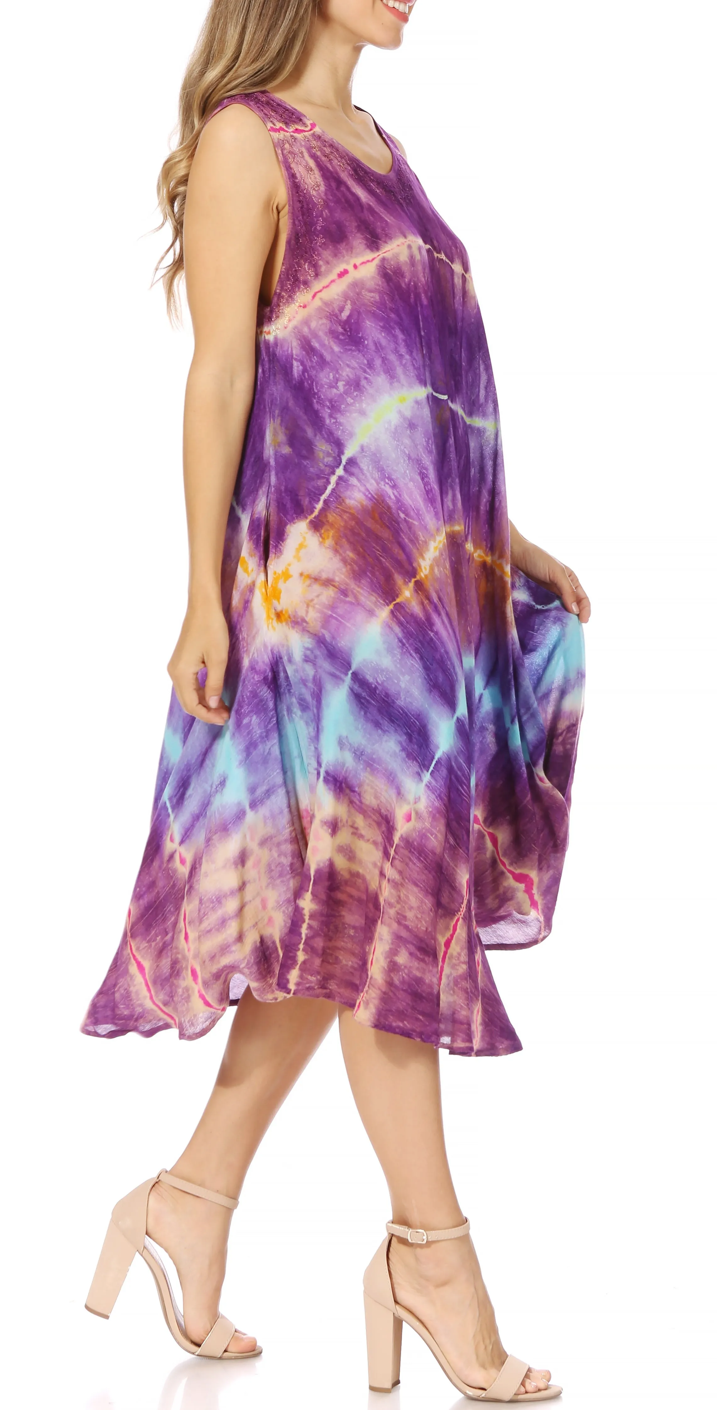 Sakkas Nora Sleeveless Embroidered Short Tie Dye Caftan Dress / Cover Up