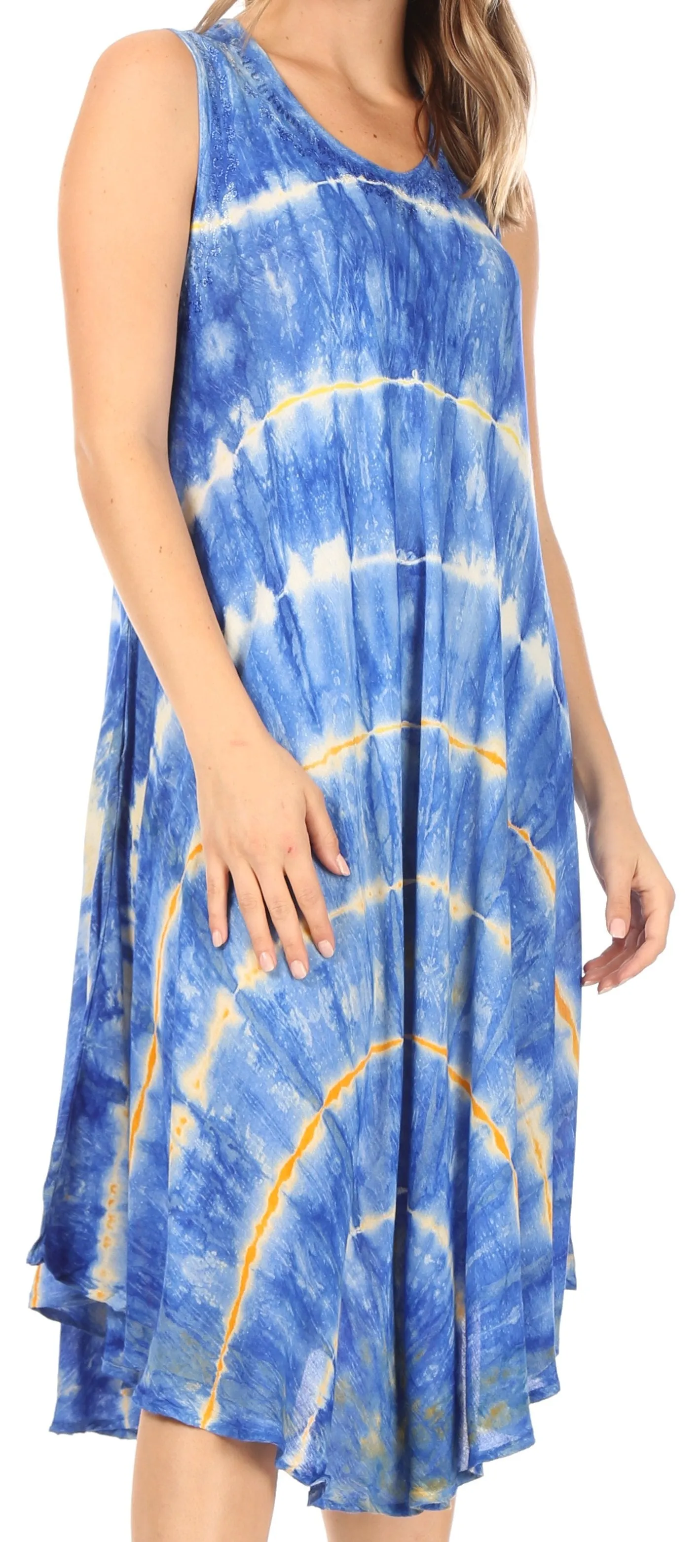 Sakkas Nora Sleeveless Embroidered Short Tie Dye Caftan Dress / Cover Up