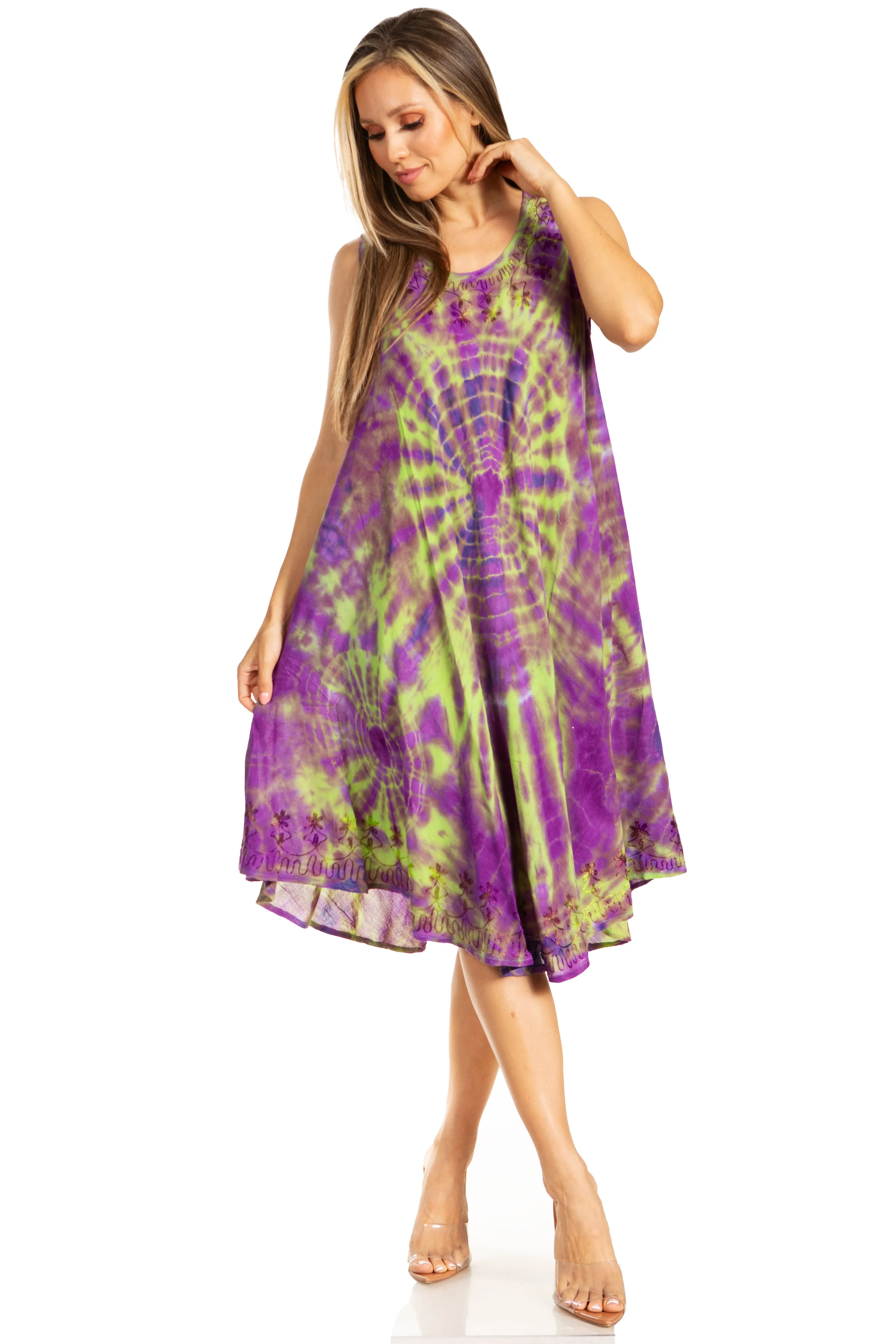 Sakkas Nora Sleeveless Embroidered Short Tie Dye Caftan Dress / Cover Up