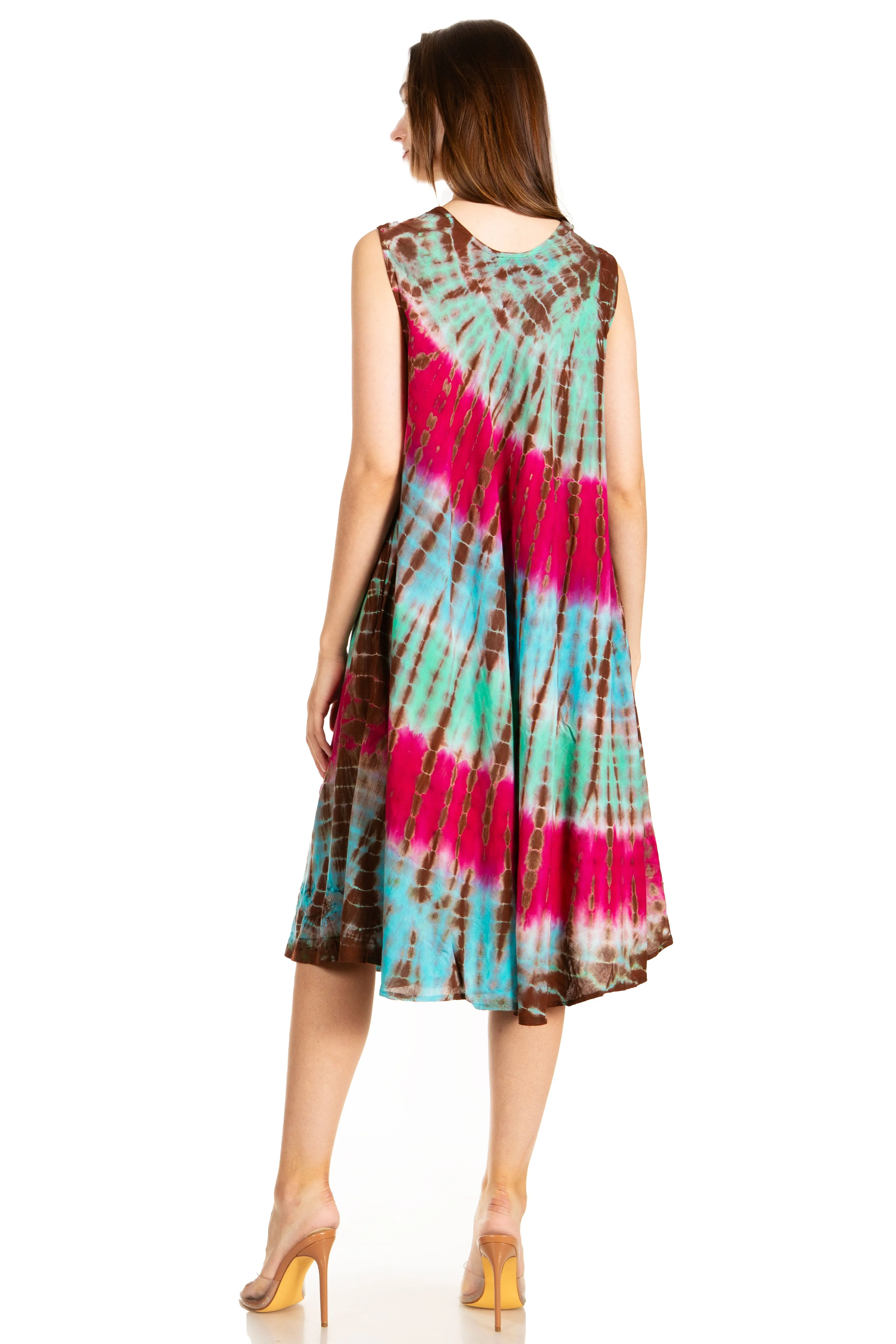 Sakkas Nora Sleeveless Embroidered Short Tie Dye Caftan Dress / Cover Up