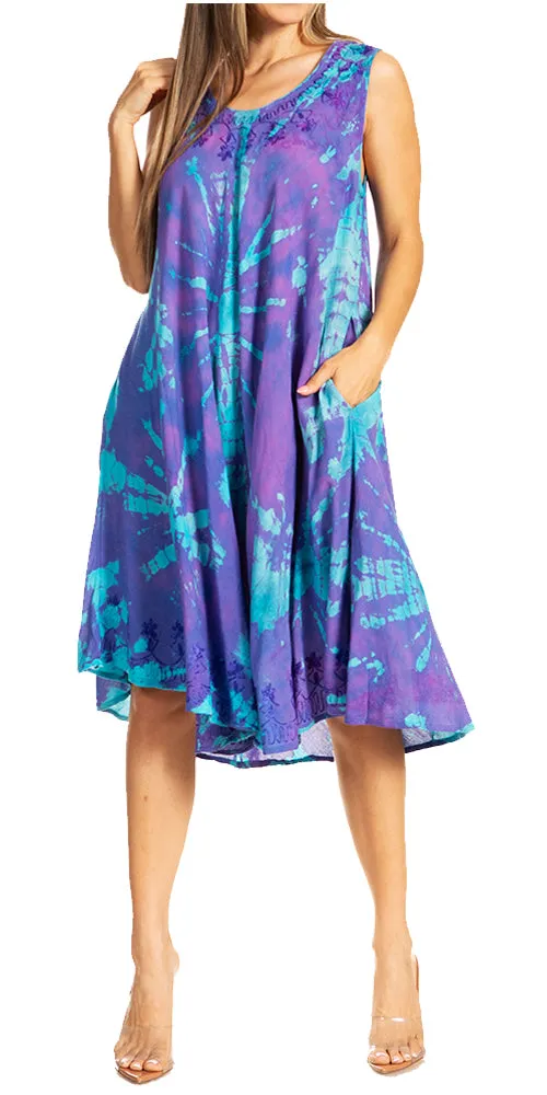 Sakkas Nora Sleeveless Embroidered Short Tie Dye Caftan Dress / Cover Up