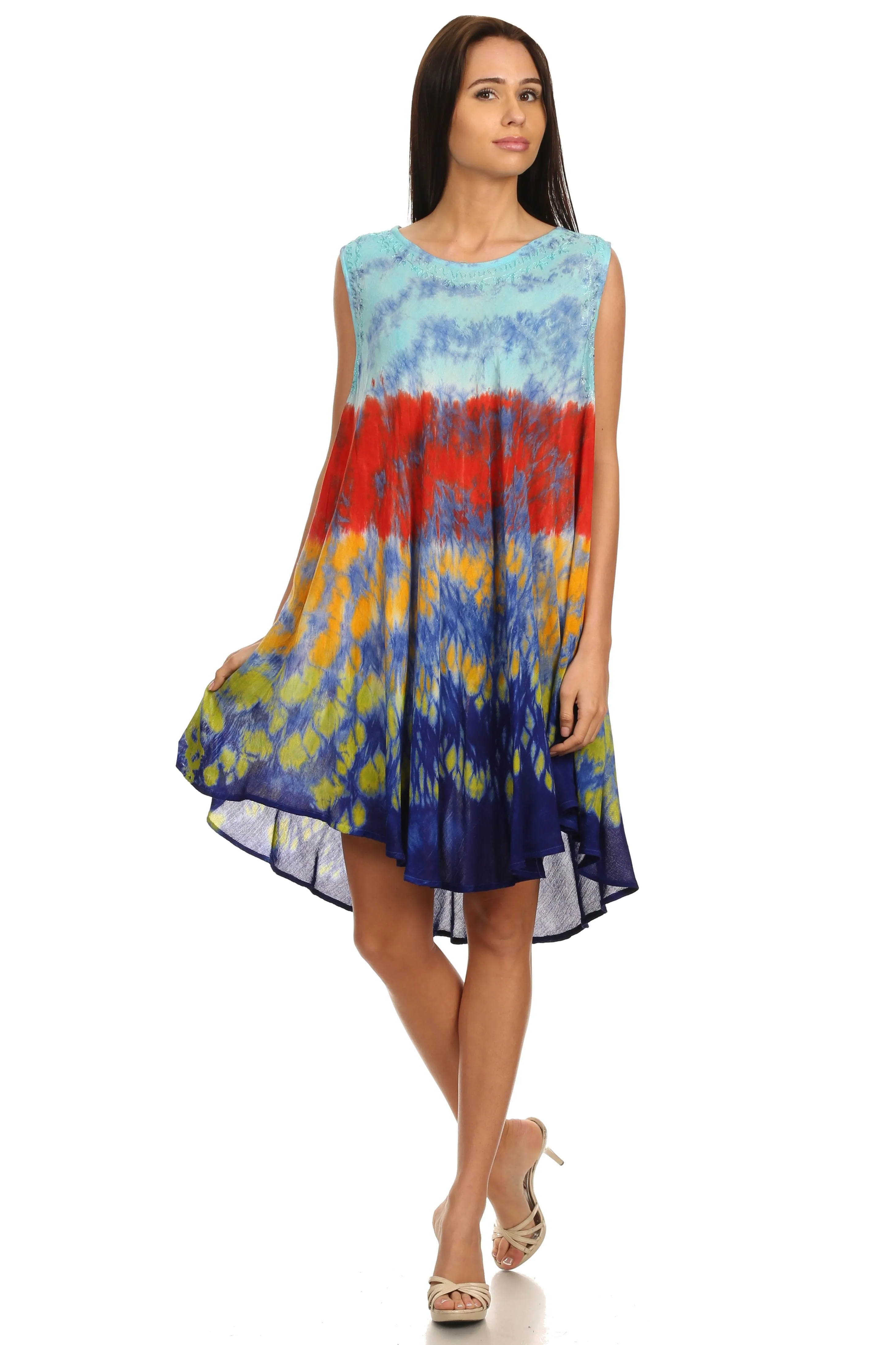 Sakkas Nora Sleeveless Embroidered Short Tie Dye Caftan Dress / Cover Up