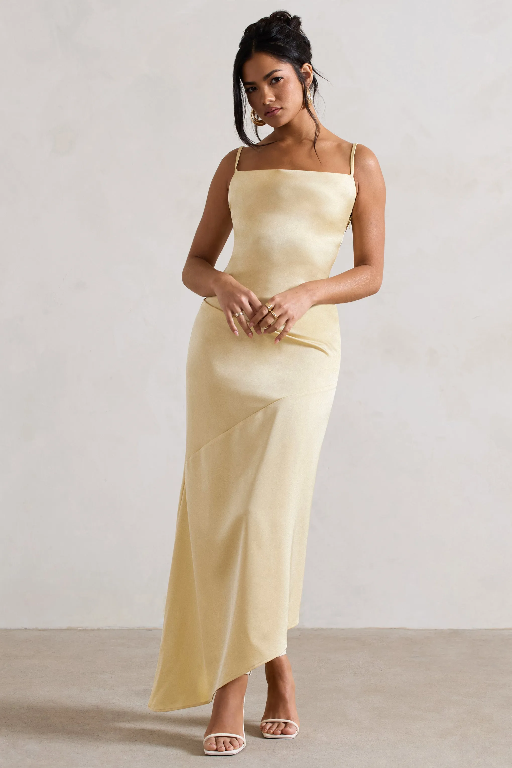 Santi | Lemon Satin Cowl-Neck Asymmetric Maxi Dress