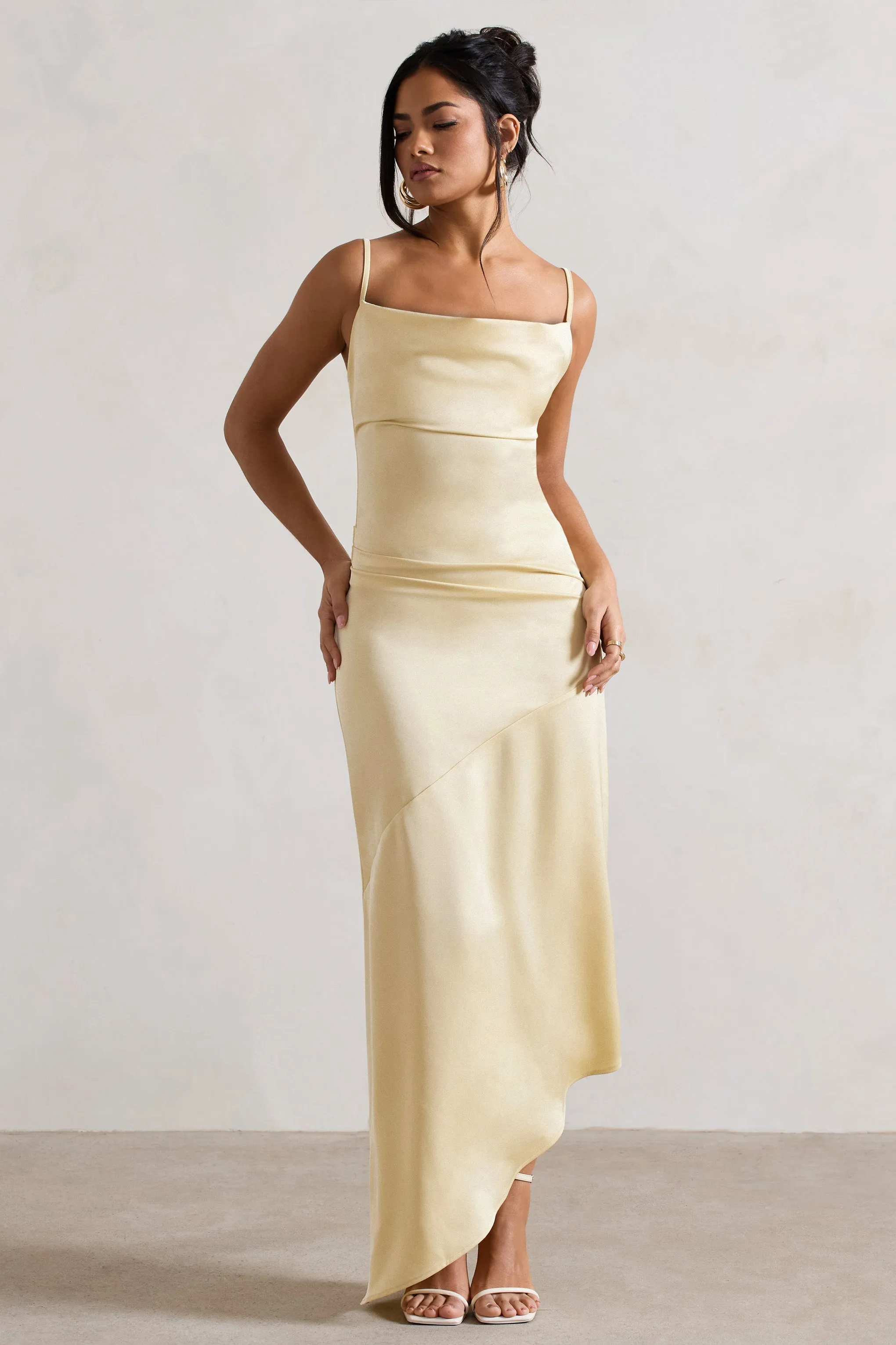 Santi | Lemon Satin Cowl-Neck Asymmetric Maxi Dress