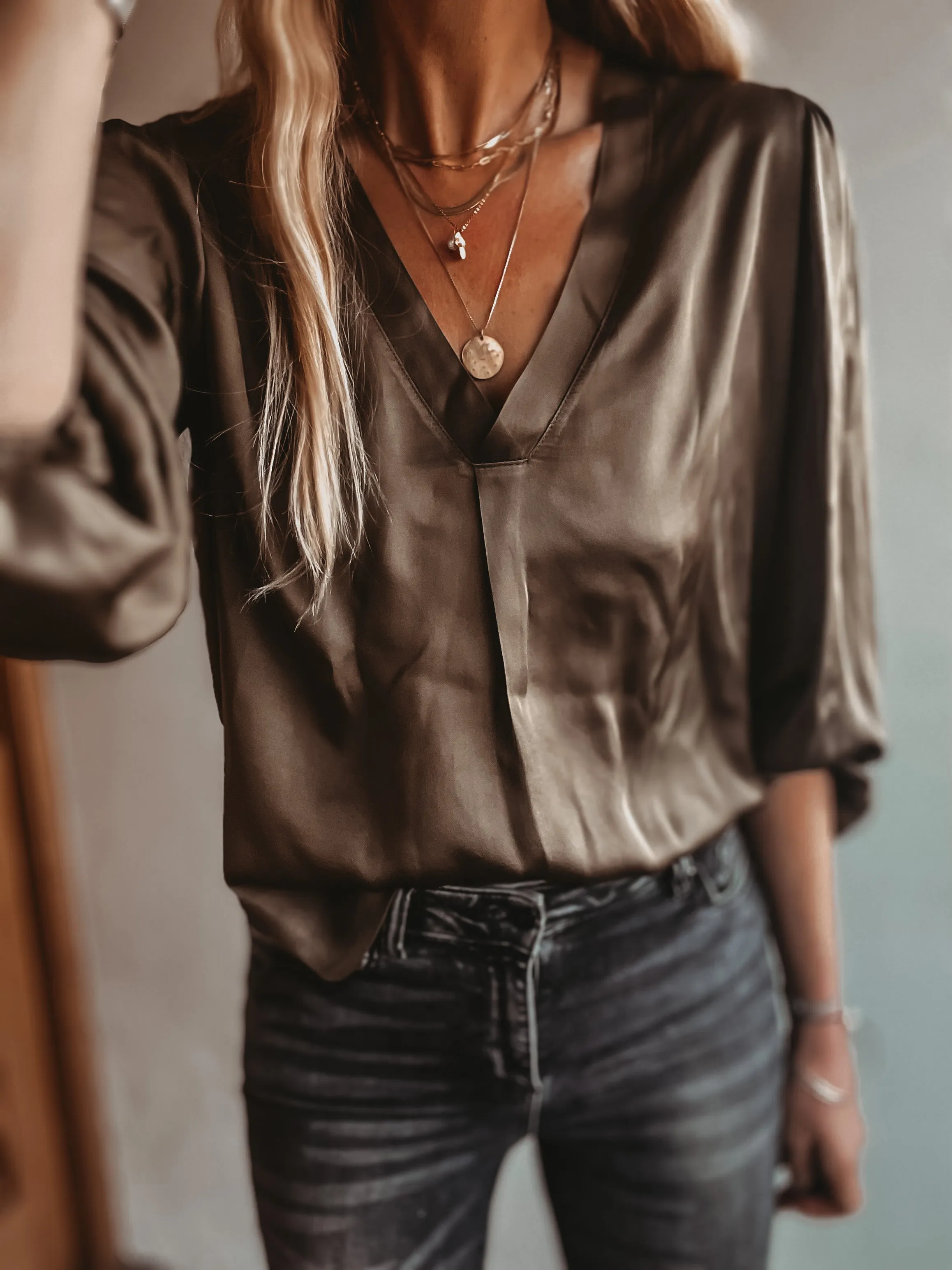 Sardinia KHAKI  V neck Satin Blouse