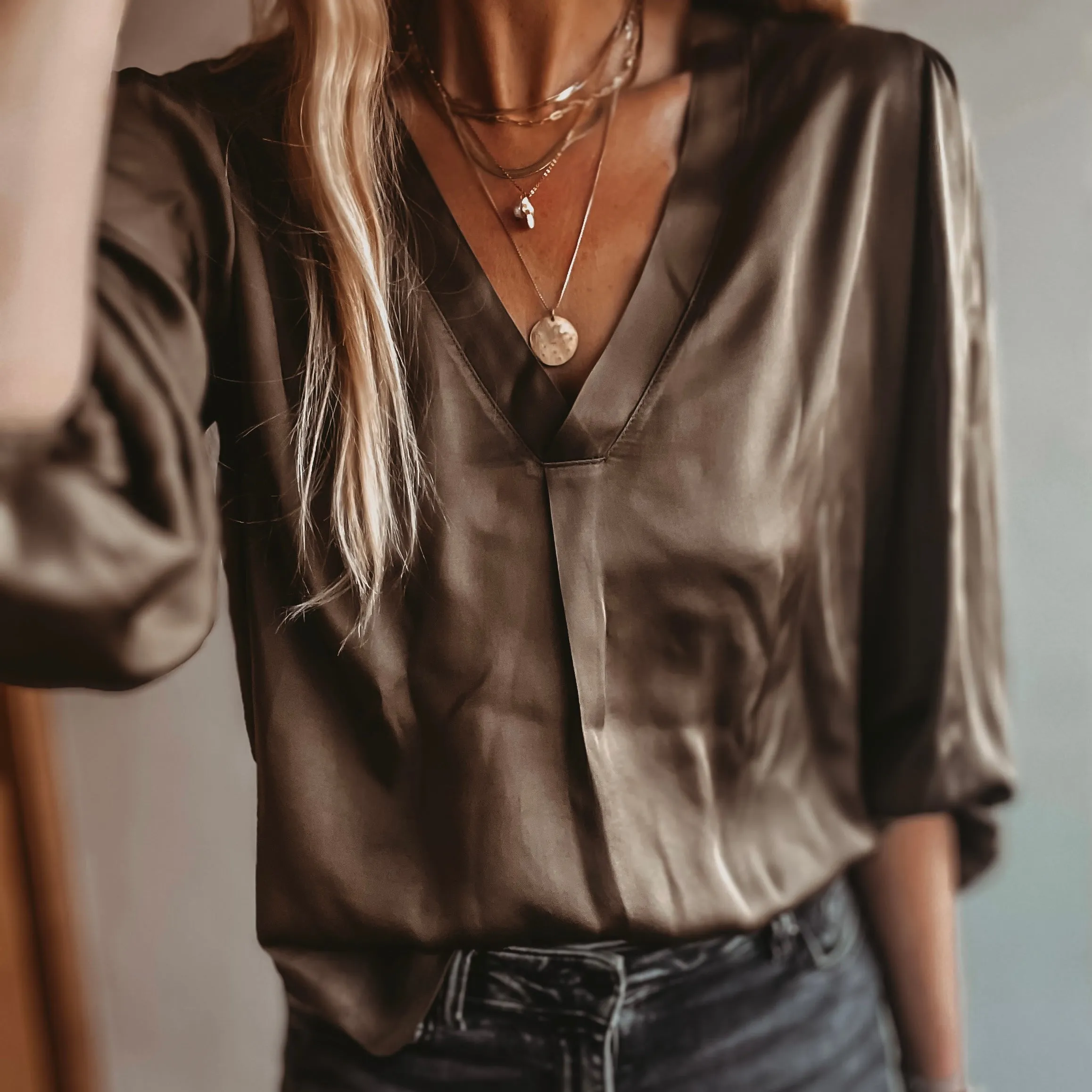 Sardinia KHAKI  V neck Satin Blouse