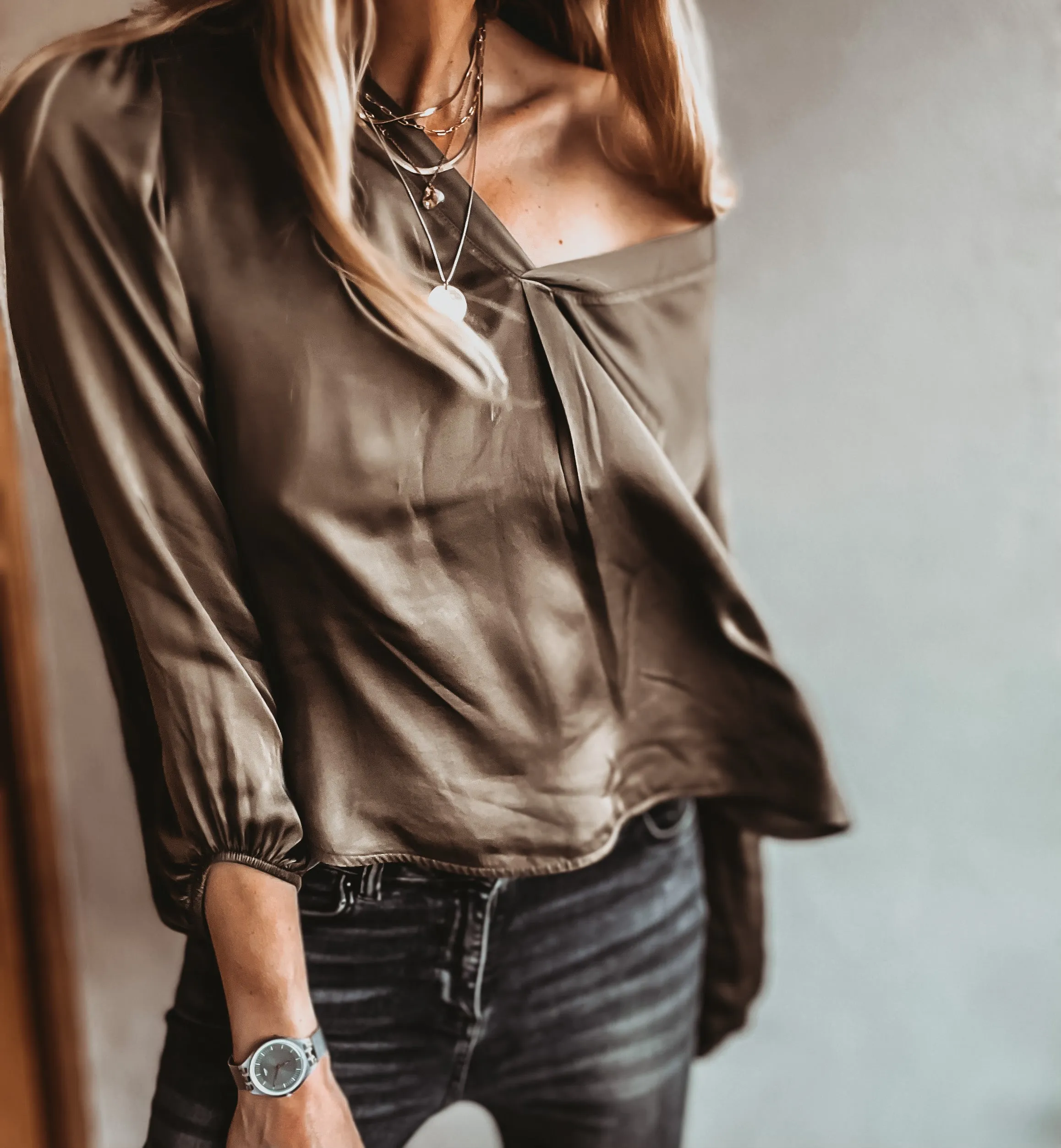 Sardinia KHAKI  V neck Satin Blouse