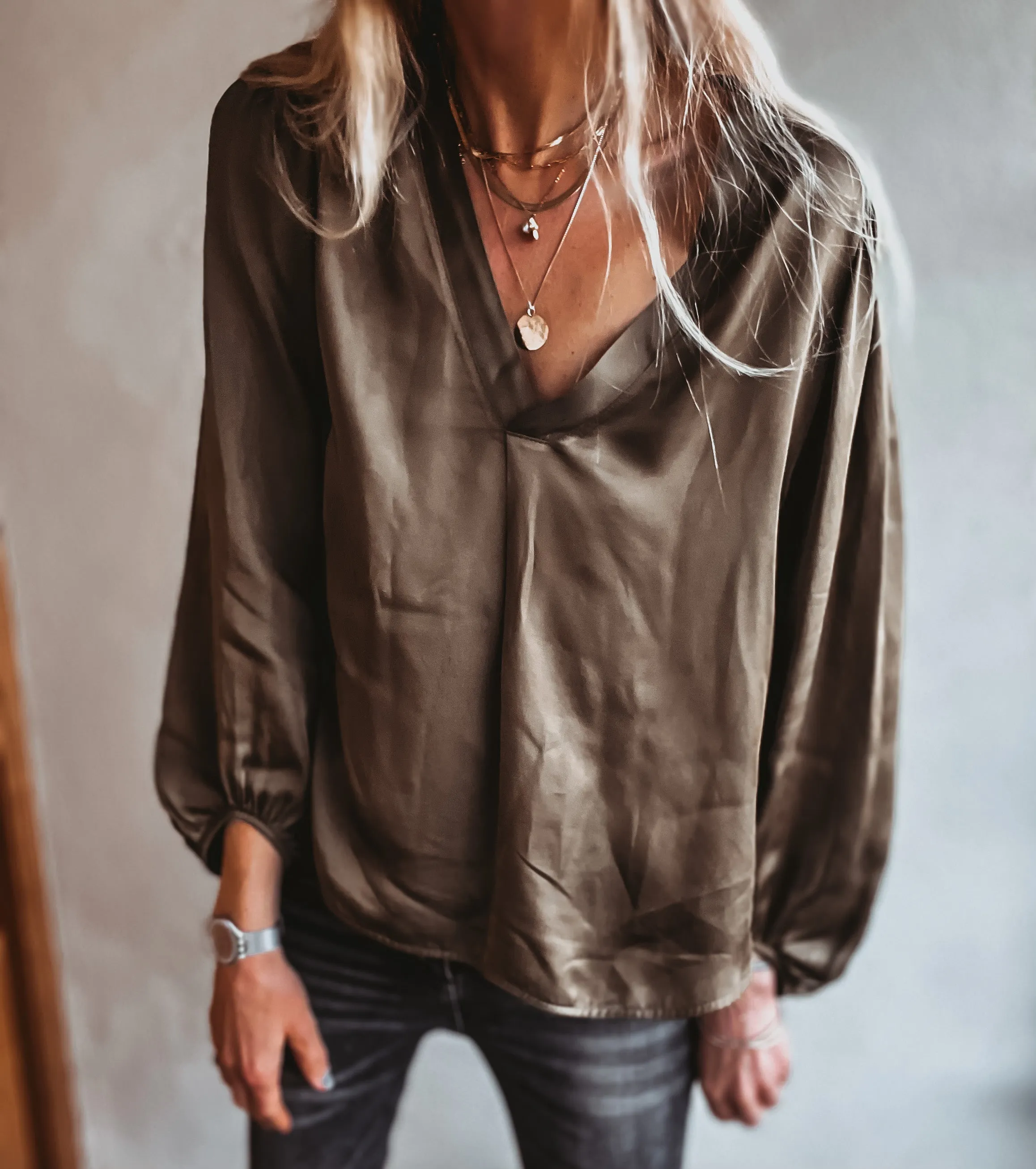 Sardinia KHAKI  V neck Satin Blouse