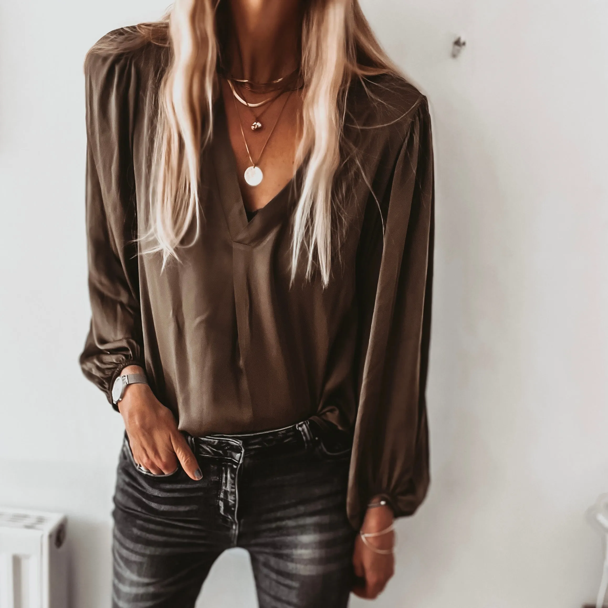 Sardinia KHAKI  V neck Satin Blouse