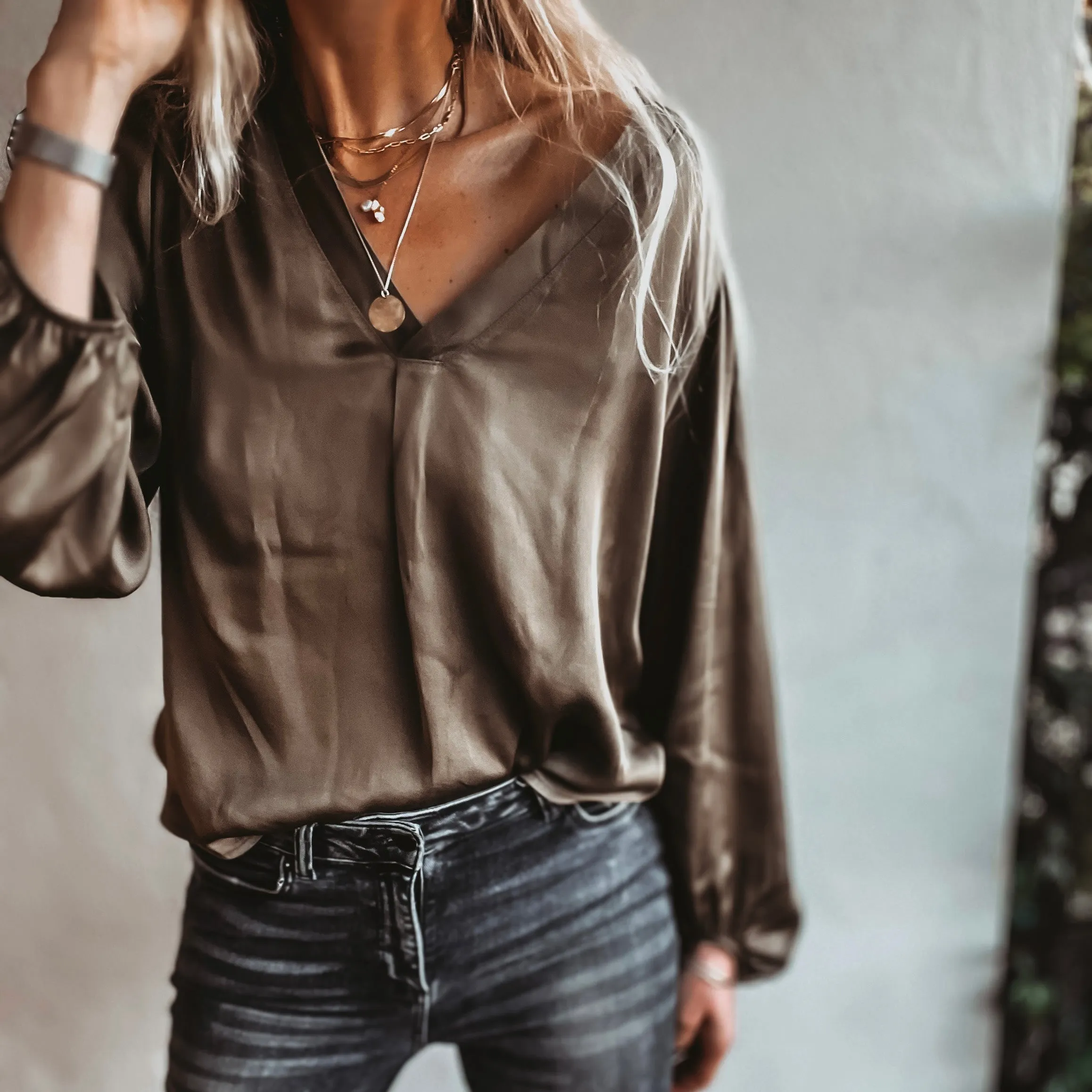 Sardinia KHAKI  V neck Satin Blouse