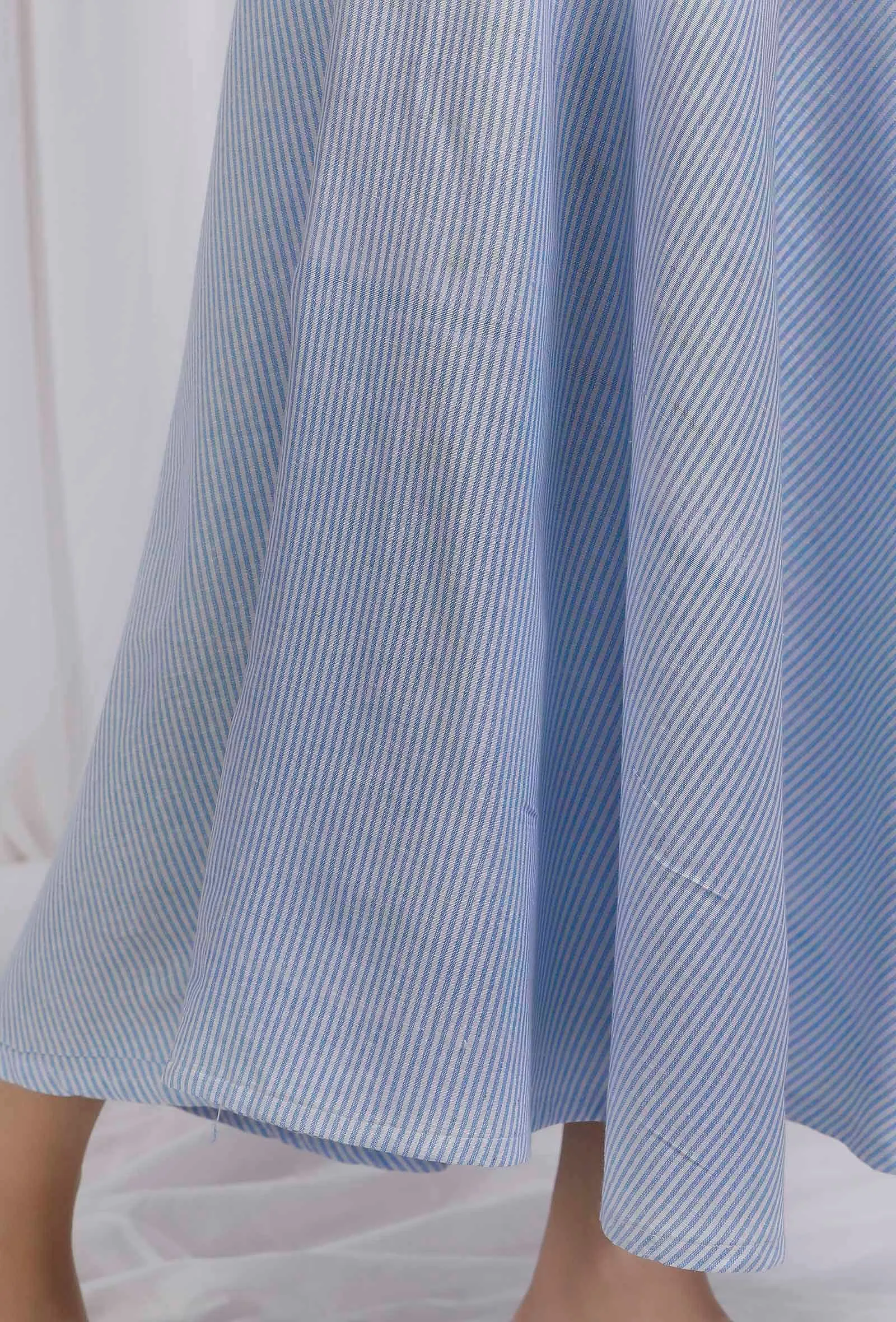 Set Of 2: Blue Printed Cotton Short Shirt with Blue Cotton Striped Flared Skirt