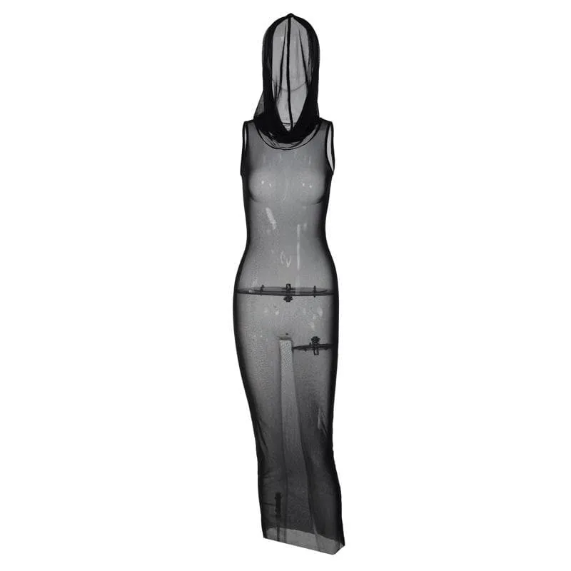 Sheer mesh see through hoodie sleeveless maxi dress