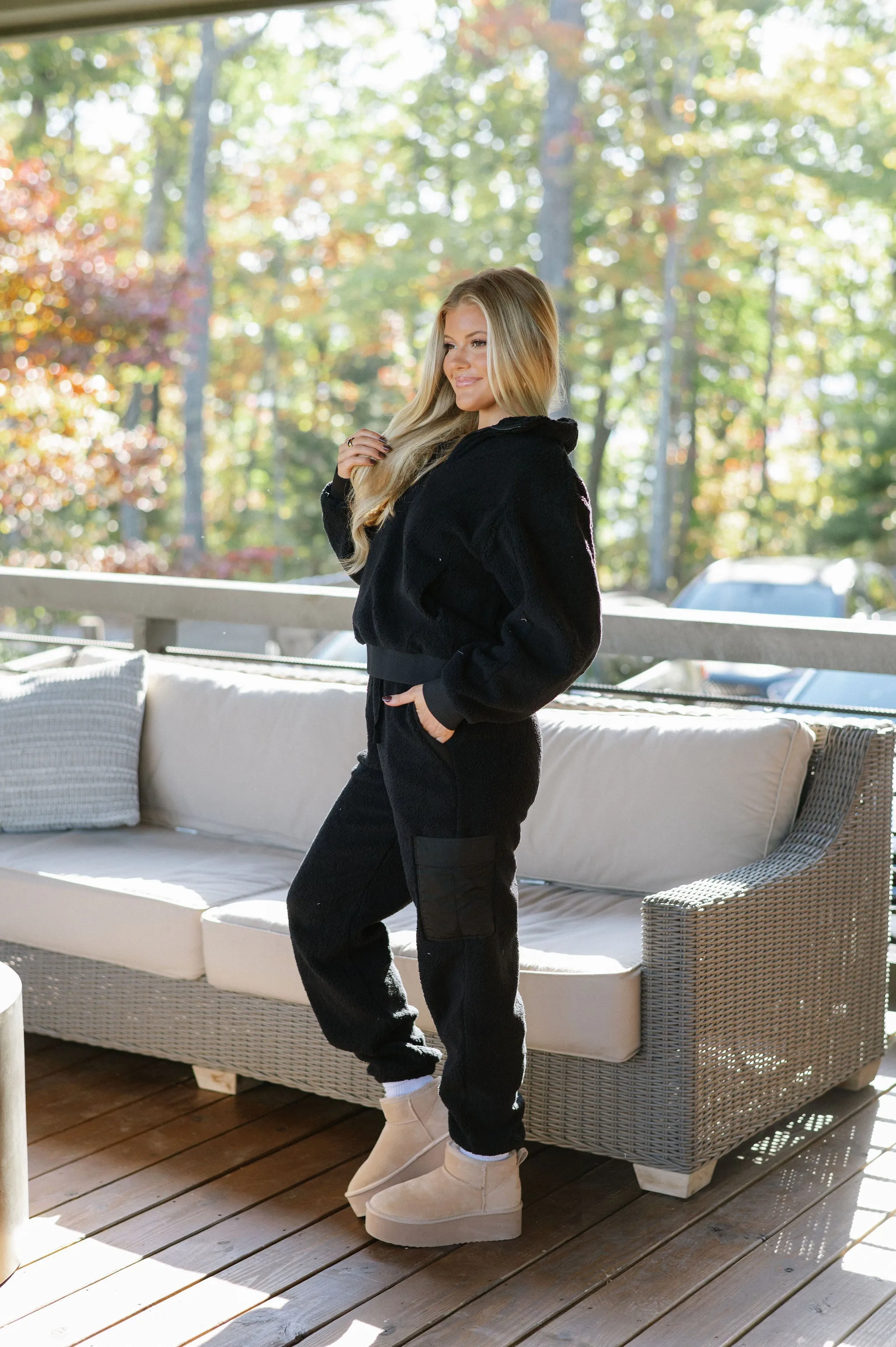 Sherpa Quarter Zip Jacket Set-Black