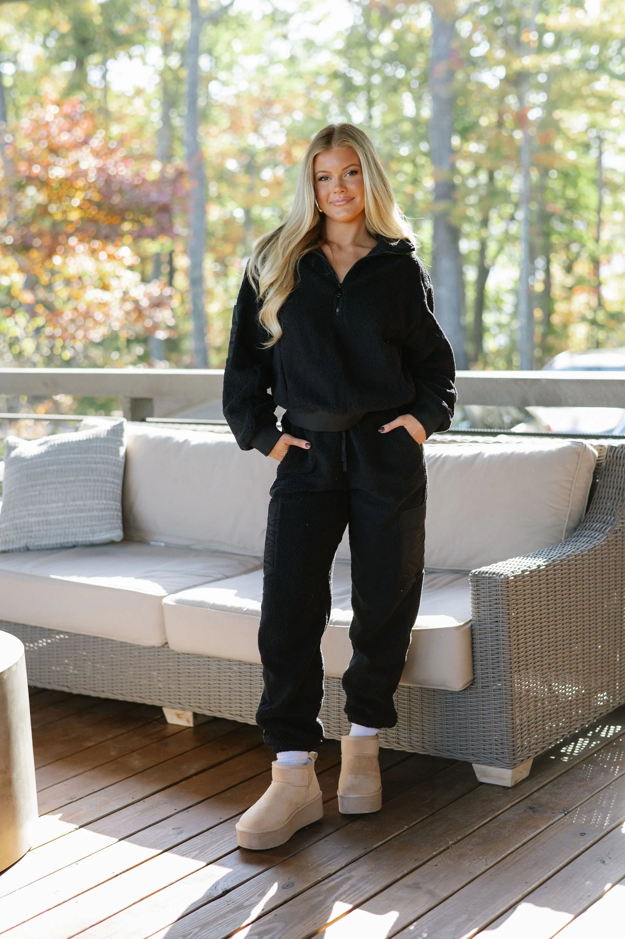 Sherpa Quarter Zip Jacket Set-Black