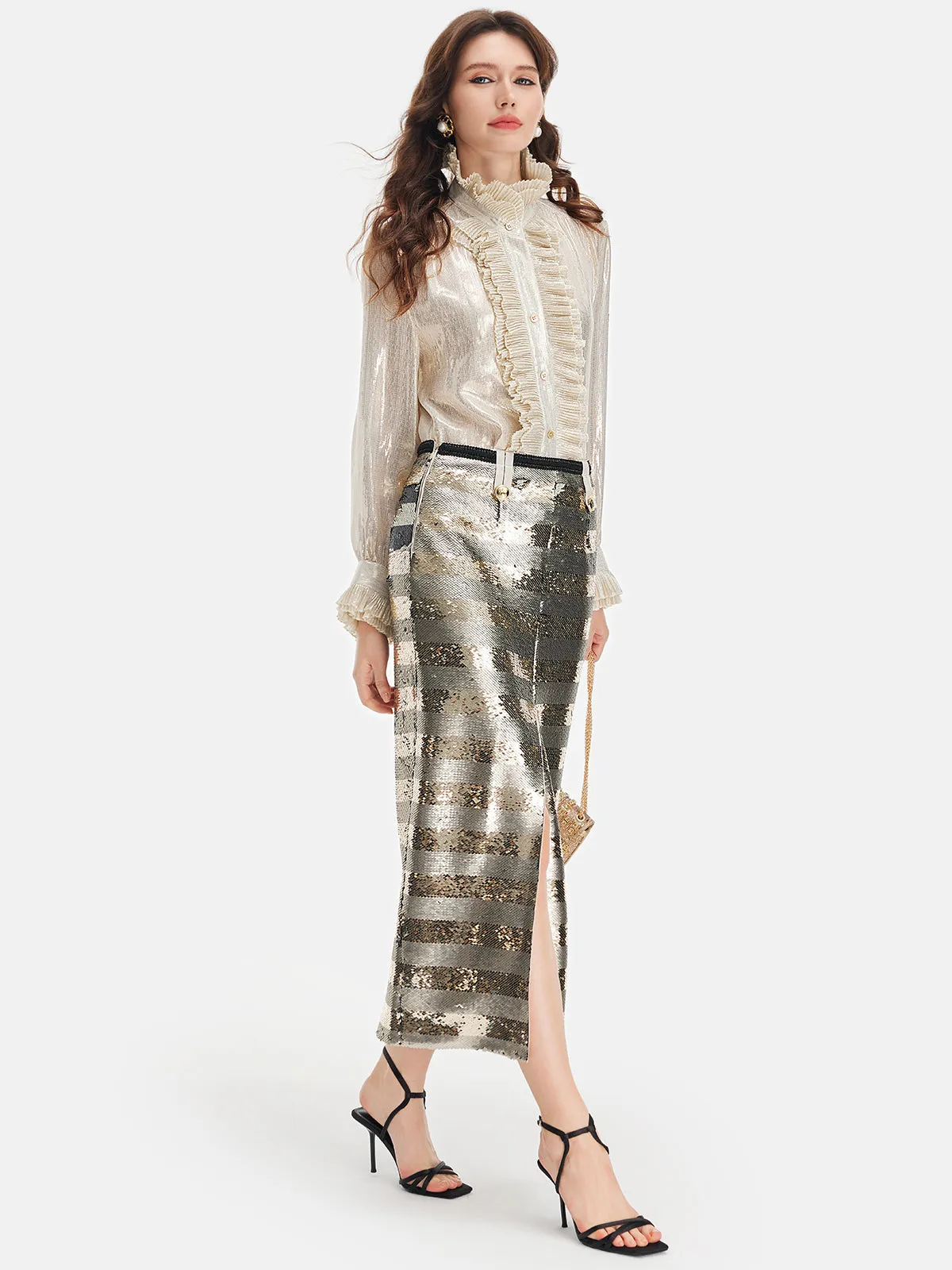 Silk Gold-Foil Pleated Shirt