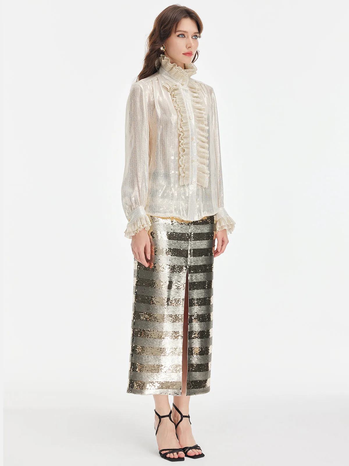 Silk Gold-Foil Pleated Shirt