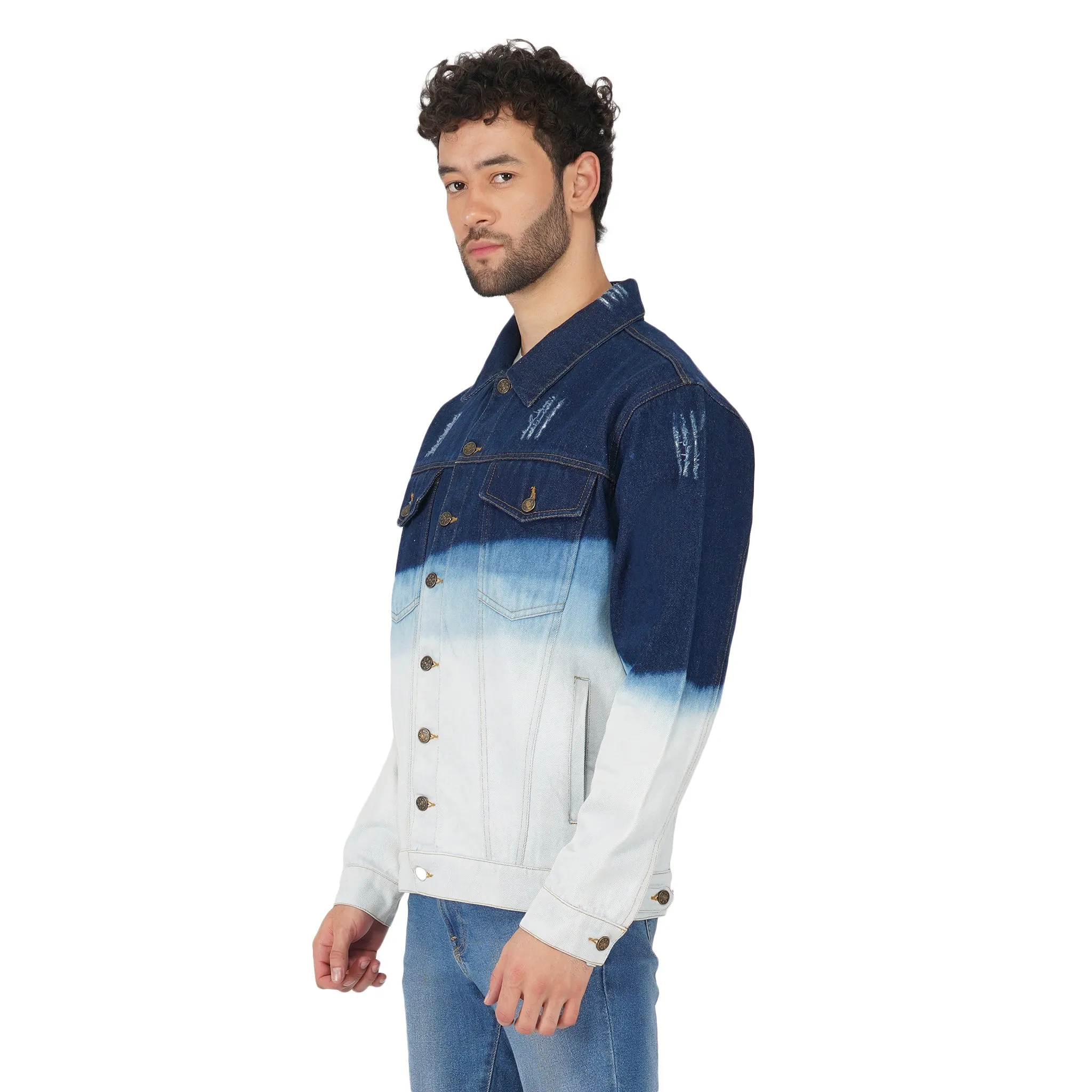 SLAY. Men's Embroidered Ombre Effect Button-Down Ripped Denim Jacket