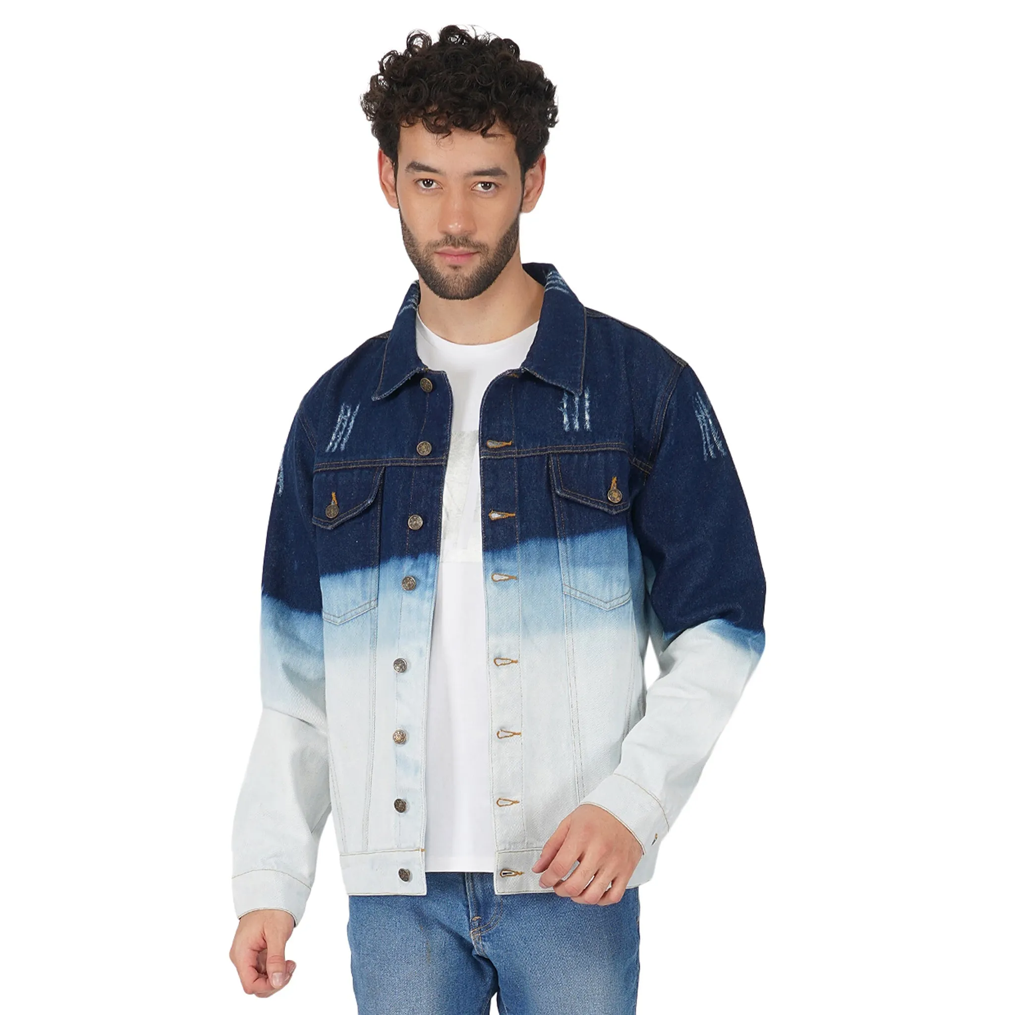 SLAY. Men's Embroidered Ombre Effect Button-Down Ripped Denim Jacket