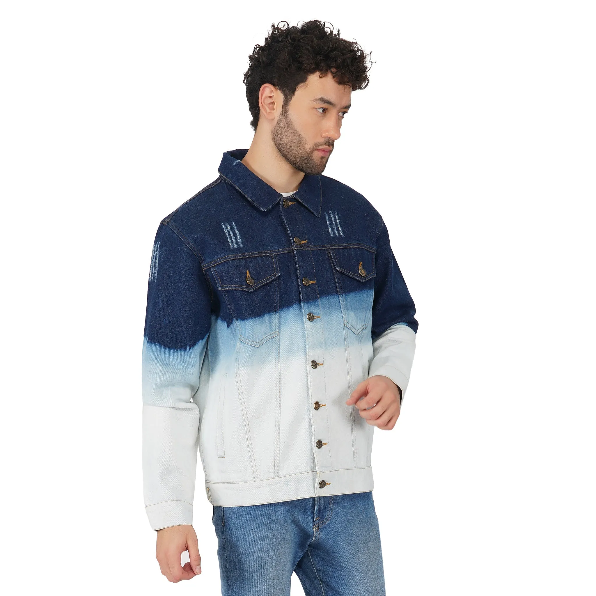 SLAY. Men's Embroidered Ombre Effect Button-Down Ripped Denim Jacket