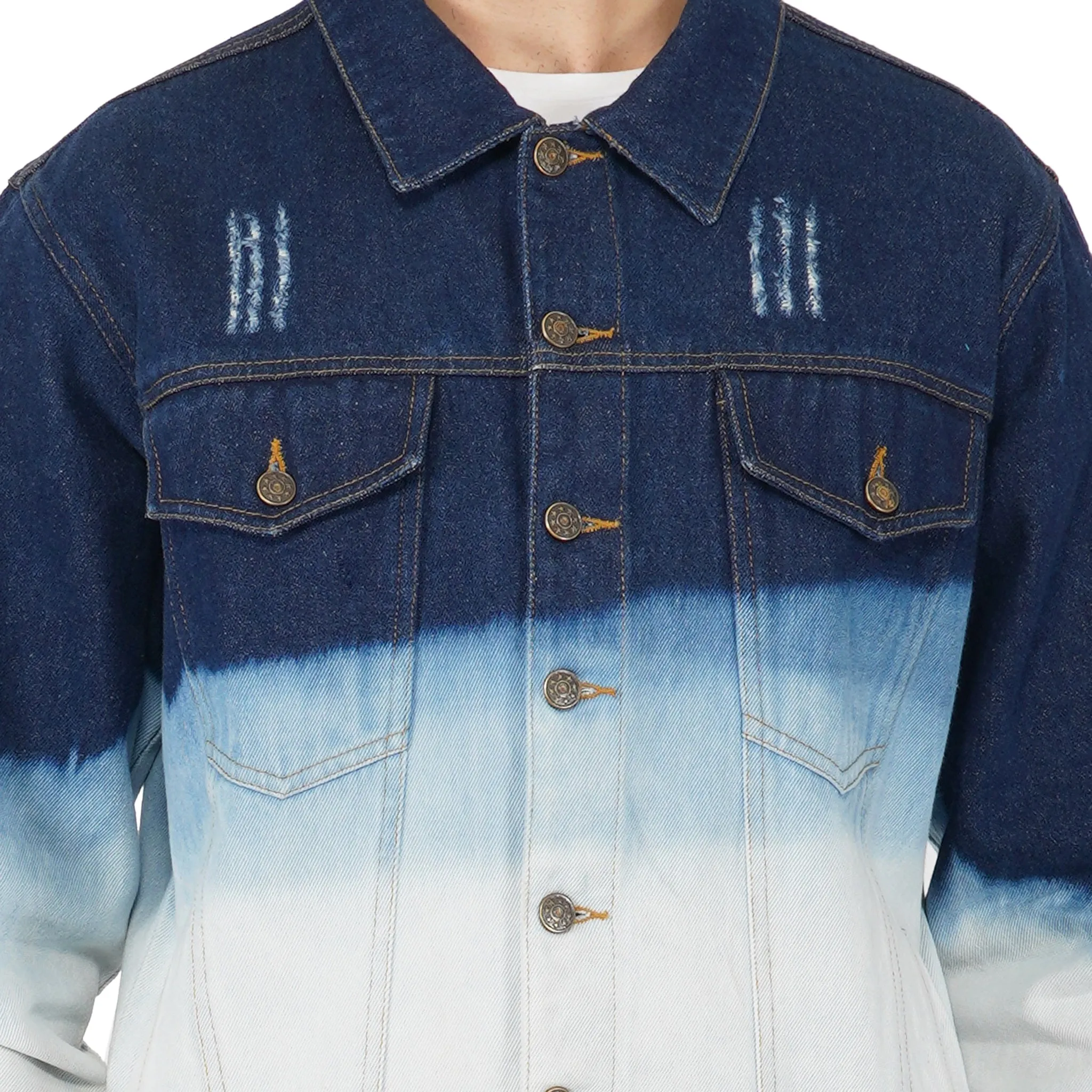 SLAY. Men's Embroidered Ombre Effect Button-Down Ripped Denim Jacket