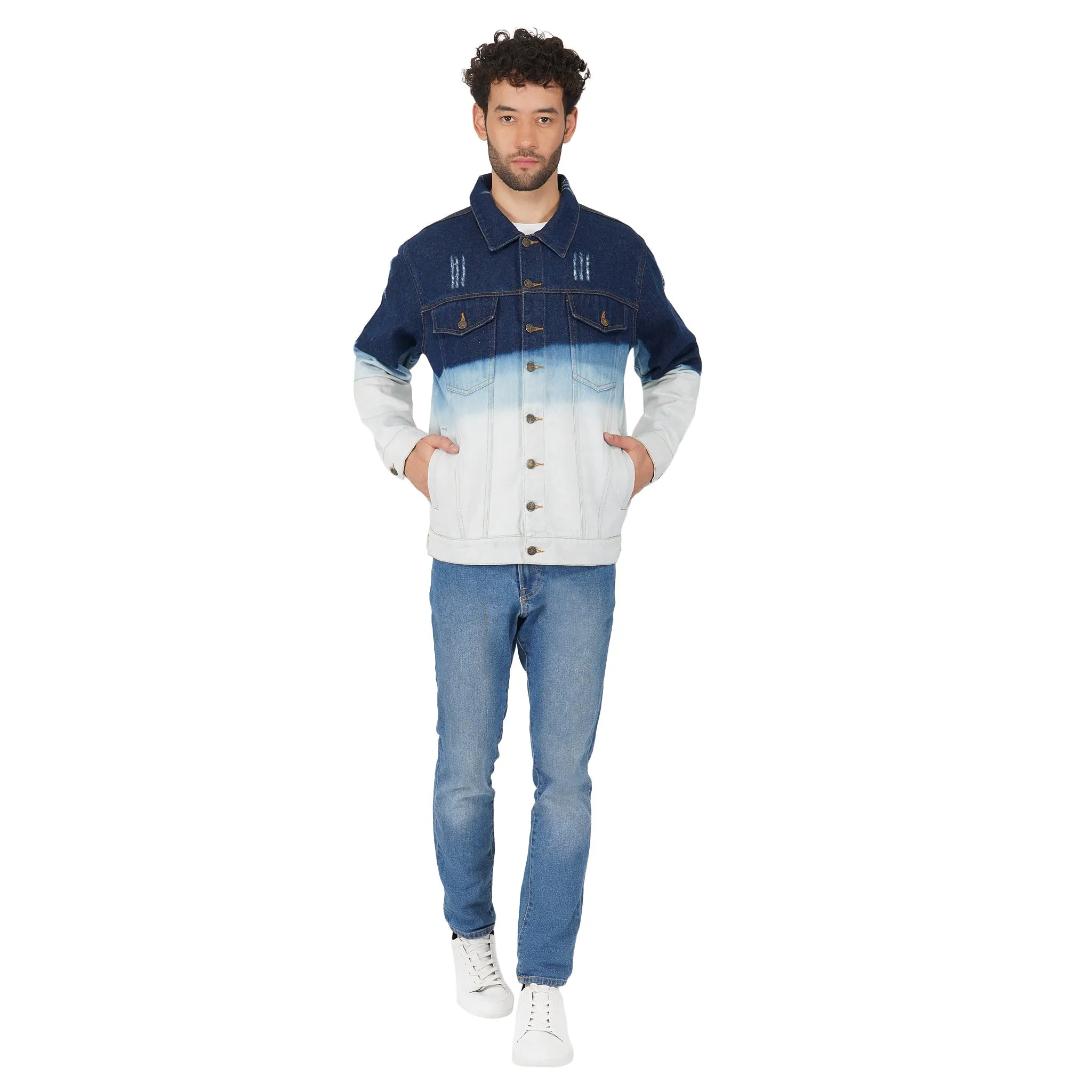 SLAY. Men's Embroidered Ombre Effect Button-Down Ripped Denim Jacket